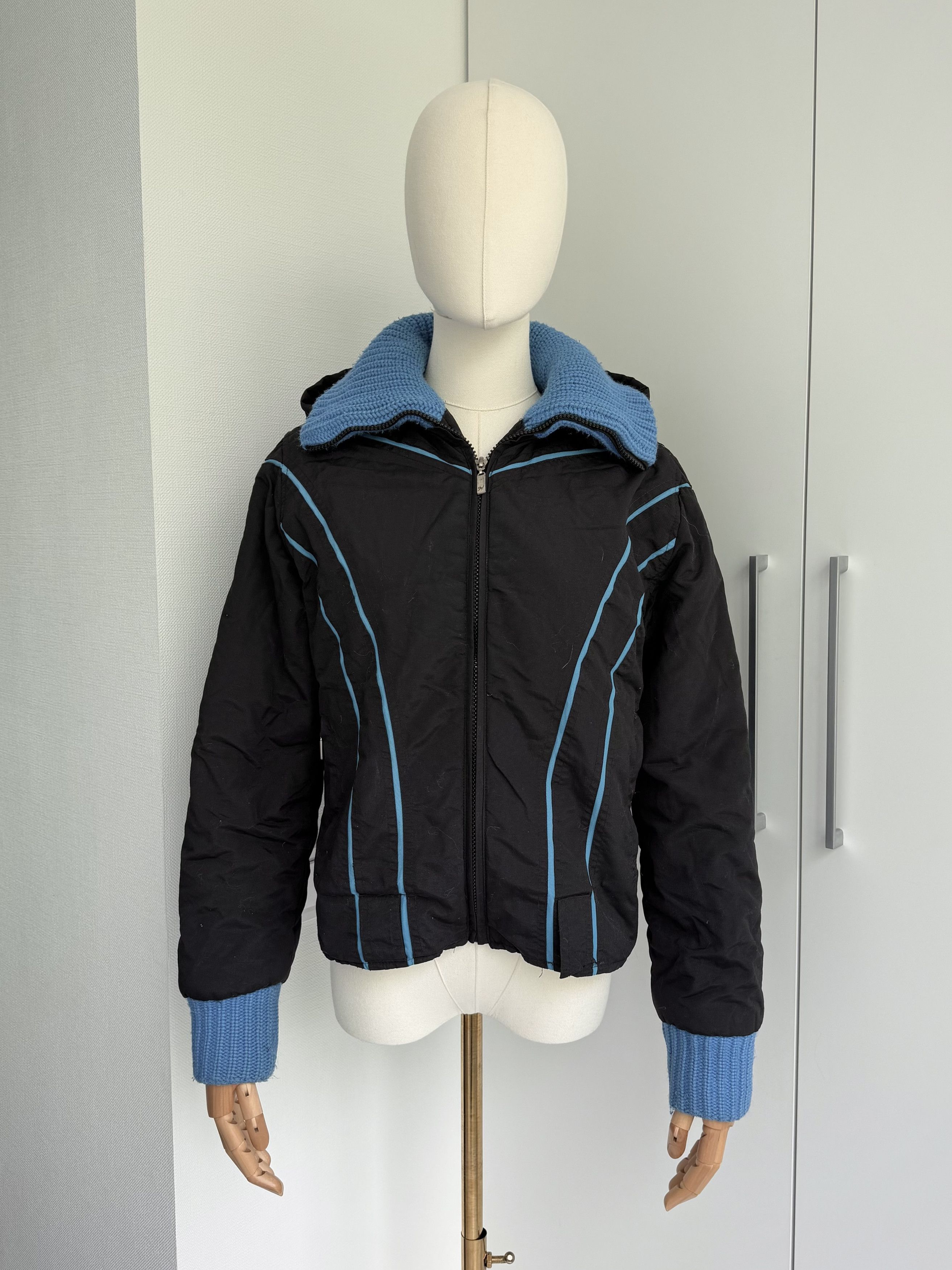 Vintage Black Blue Y2K Zip Jacket Women M Knit Trim Cropped Bomber Size M / US 6-8 / IT 42-44 - 1 Thumbnail