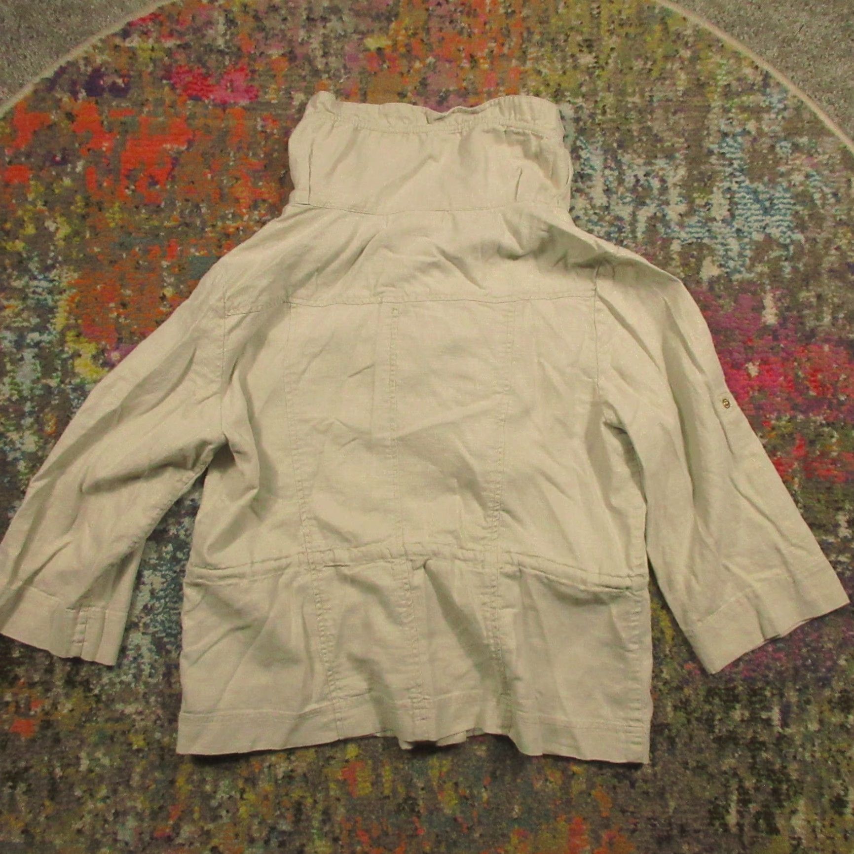 Michael Kors Michael Kors Linen Jacket Womens Medium Khaki White 3/4 Sleeve Ruffle Neck Pockets Zip Snap Utility Jacket Size M / US 6-8 / IT 42-44 - 2 Thumbnail