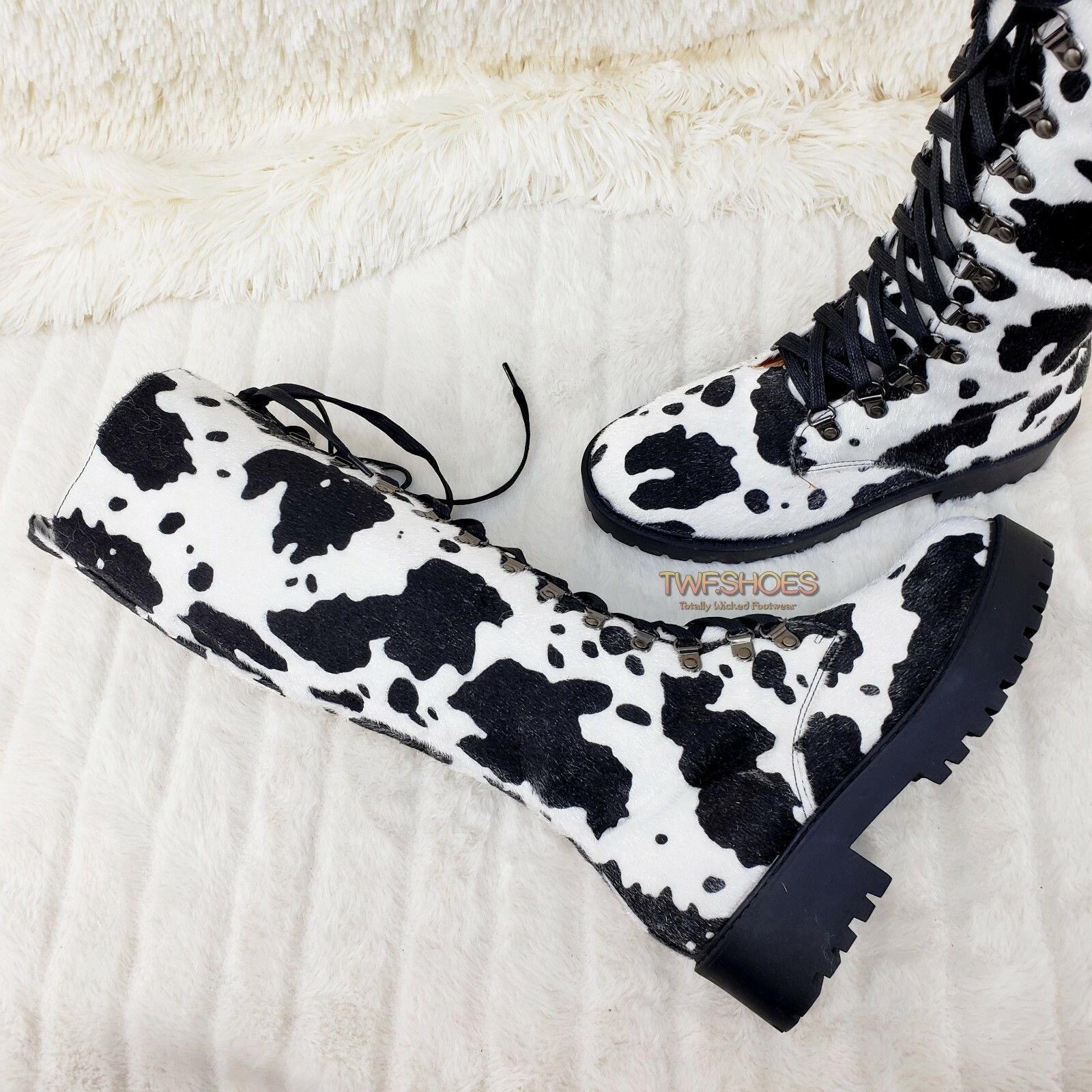 Other Savage Goth Punk Rock Faux Cow Fur Lace Up Platform Combat K Size US 6 / IT 36 - 7 Thumbnail