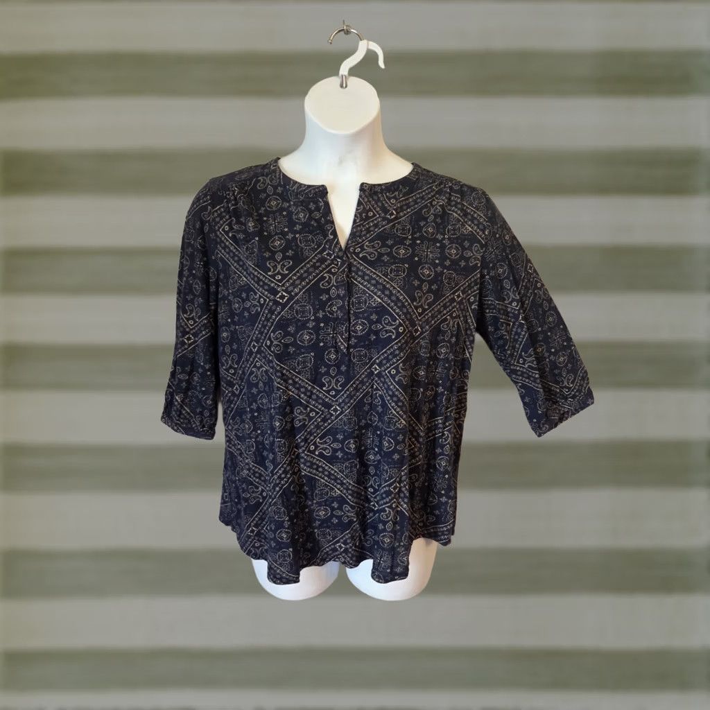 Lucky Brand Lucky Brand Navy Blue Floral Paisley Print 3/4 Sleeve Top Plus 1X Womens Blouse Cotton Modal Split Neck Boho Casual Shirt Size XL / US 12-14 / IT 48-50 - 1 Thumbnail