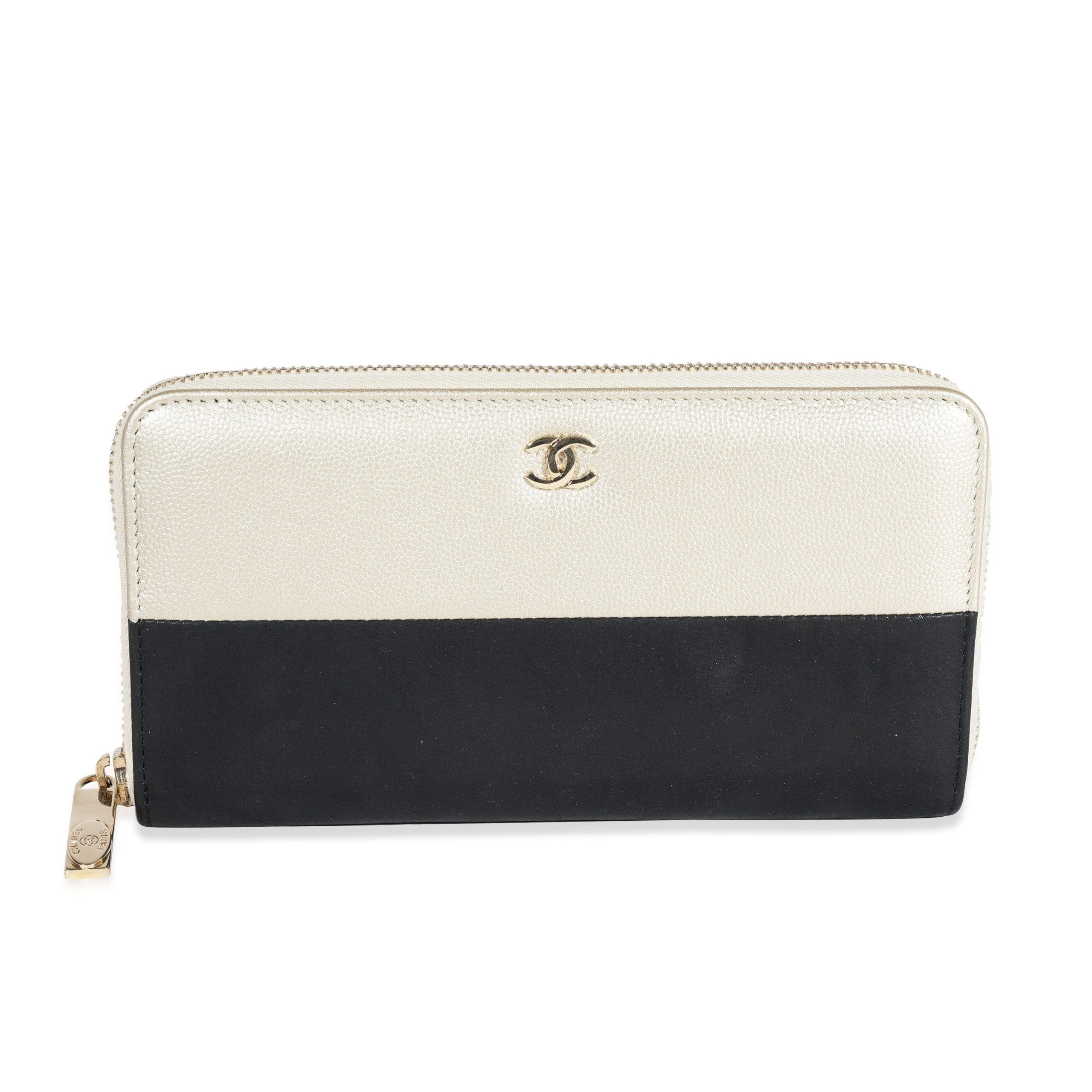Chanel Chanel Black Satin & Metallic Light Gold Caviar Leather L-Gusset Zip Wallet Size ONE SIZE - 1 Thumbnail
