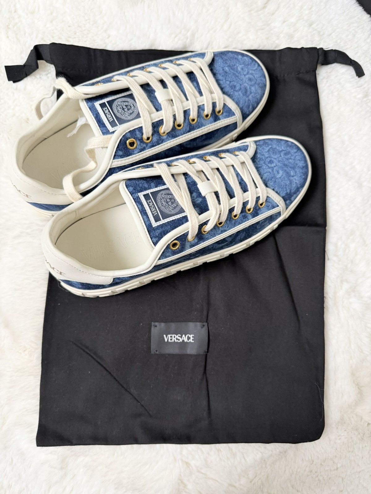 Versace Versace Baroque Denim Greek Key Sneakers – Blue/Off White Size US 7.5 / EU 40-41 - 3 Thumbnail