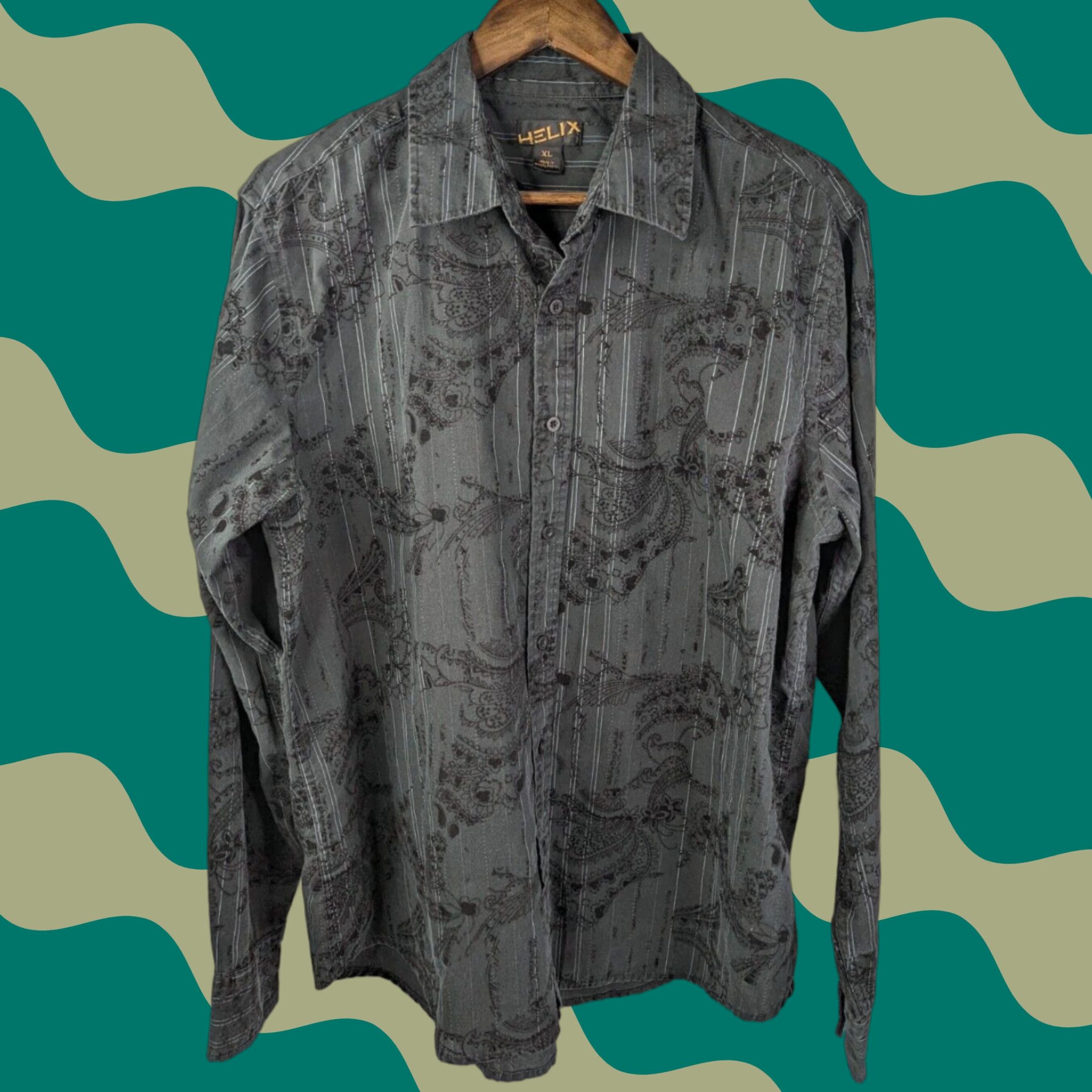 Vintage Helix Black Paisley Long Sleeve Button-Up Collared Shirt Mens XL Chessboard? Size US XL / EU 56 / 4 - 1 Thumbnail