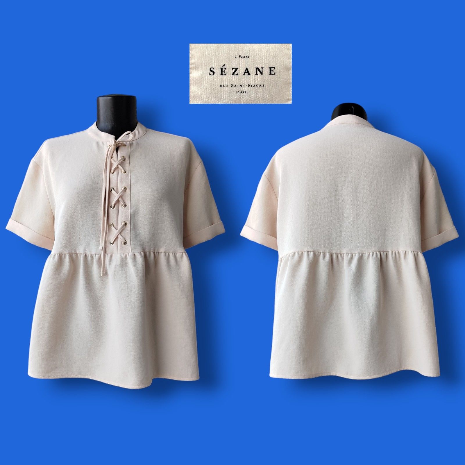 Thesee Blouse Short Sleeve Nude Lace Up Peplum Pleated in Beige, Women's
