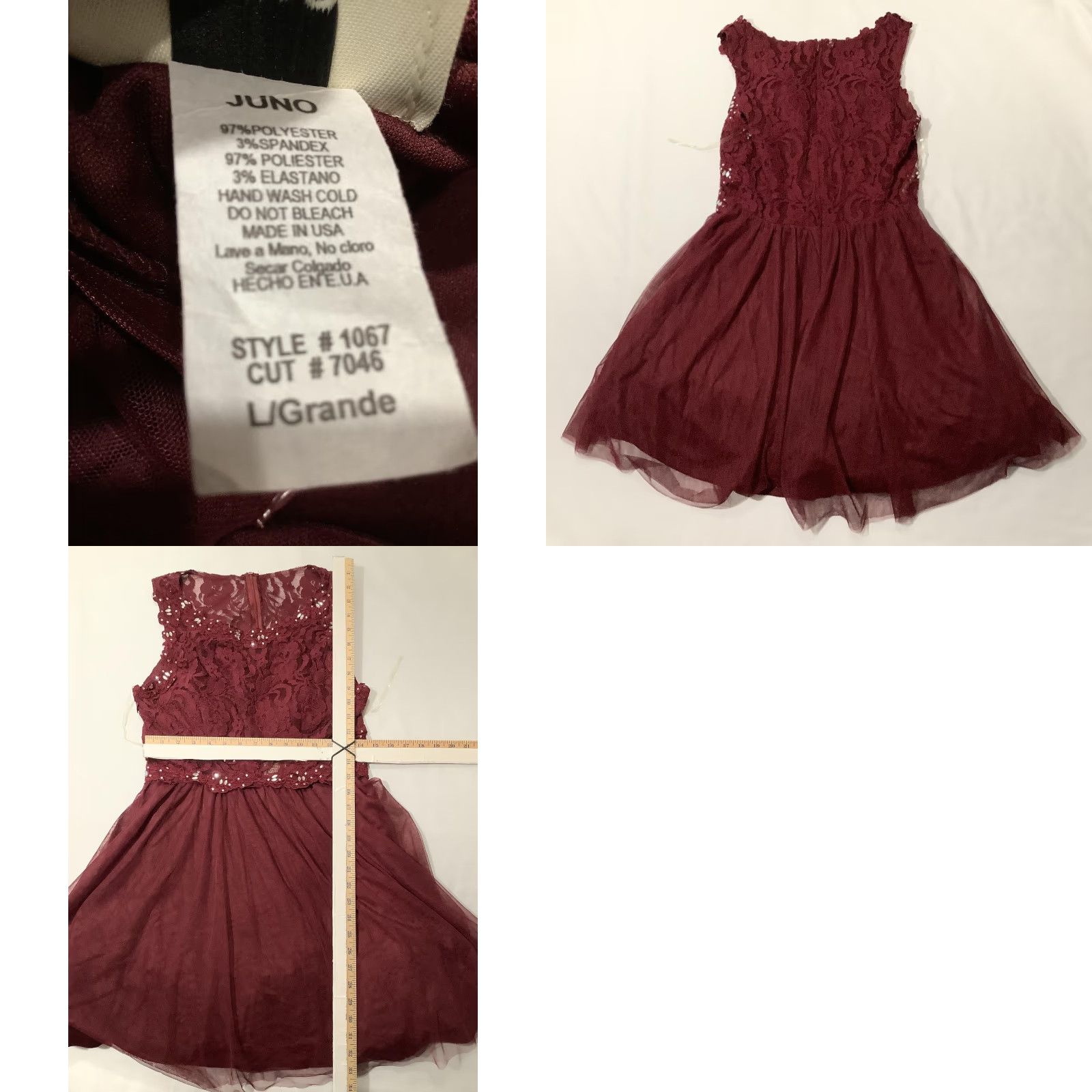 Vintage Juno Dress Womens Large Burgundy Lace Tulle Embellished Party Made USA 1067 Size L / US 10 / IT 46 - 8 Thumbnail