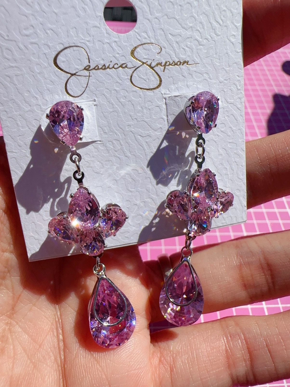 Designer Jessica Simpson silver tone pink crystal flower teardrop Size ONE SIZE - 4 Thumbnail