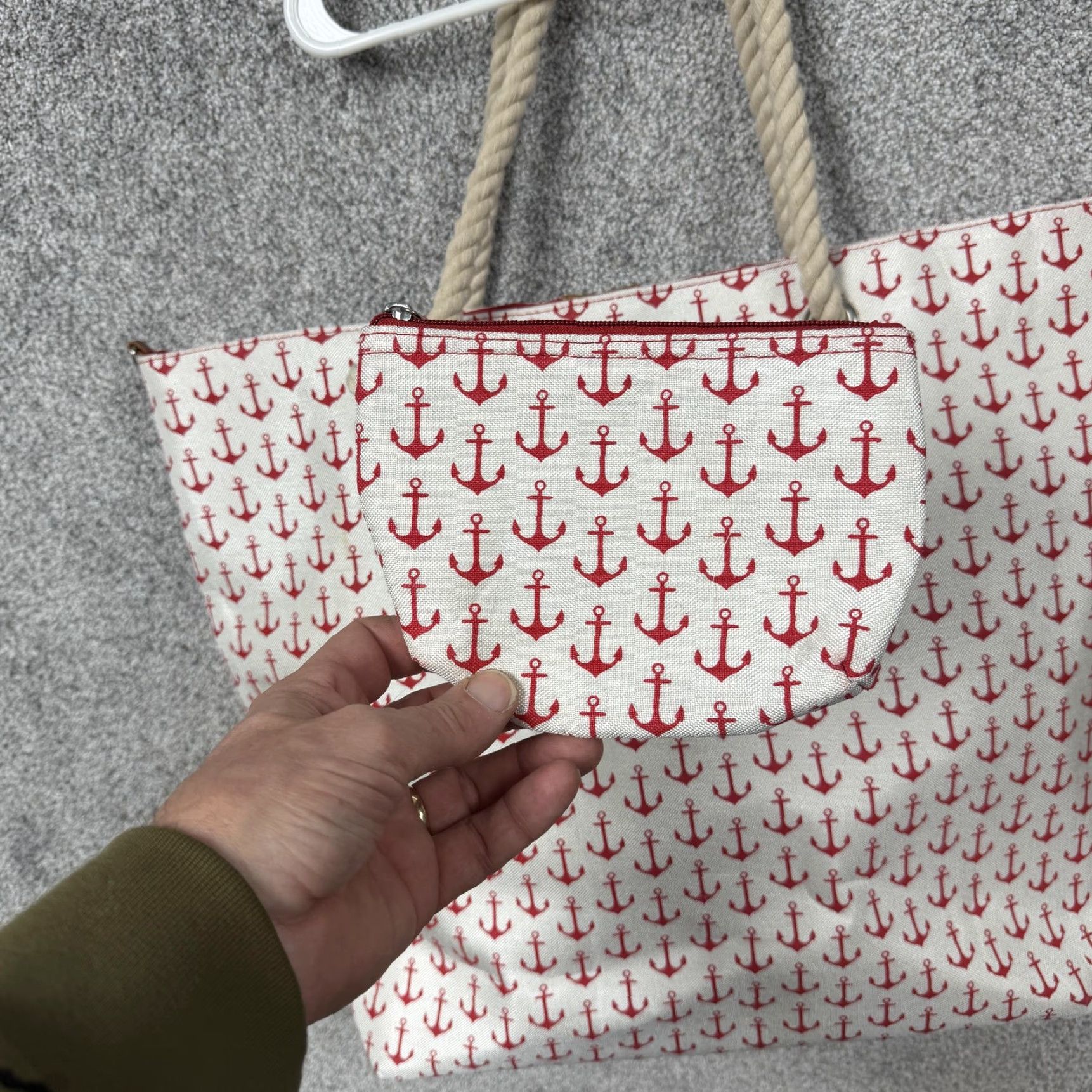 Nautica Caribbean Joe Tote Bag Anchor Print Canvas Red White Rope Shoulder Straps Large Beach Nautical Bag Womens Mens? Size ONE SIZE - 2 Thumbnail