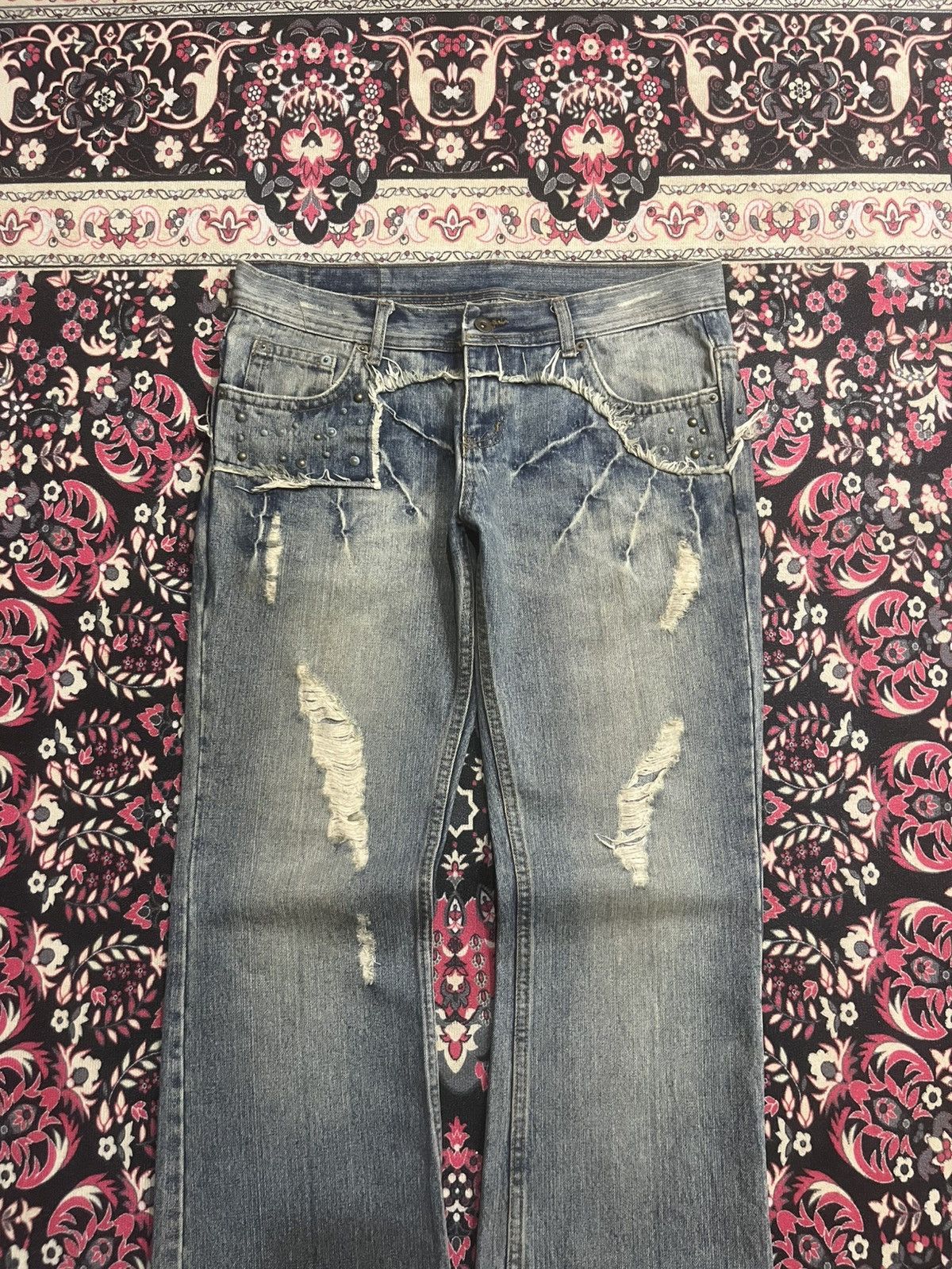 If Six Was Nine Japan Edge Rupert Spider Web Distressed Studded Flare Jeans Size US 34 / EU 50 - 3 Thumbnail