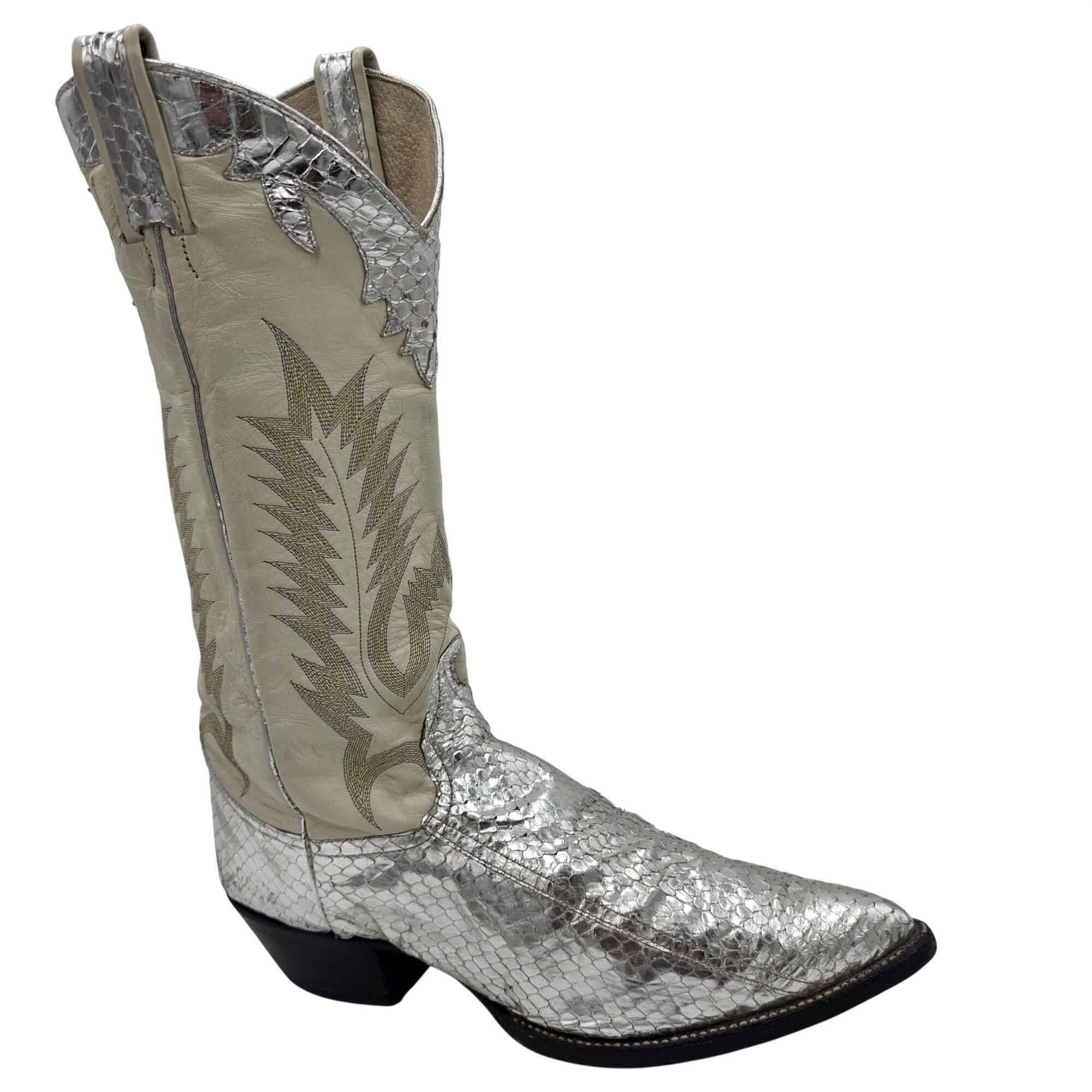 Vintage 1970s Mens 11D Larry Mahan Silver Metallic Snakeskin