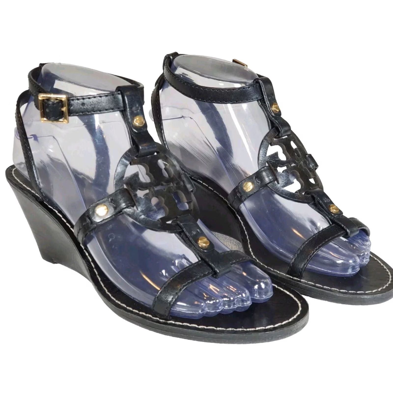 Tory Burch VINTAGE Tory Burch Miller Logo Ankle Strap Wedge Sandal Black Leather Women's US 7.5 M Size US 8 / IT 38 - 2 Thumbnail