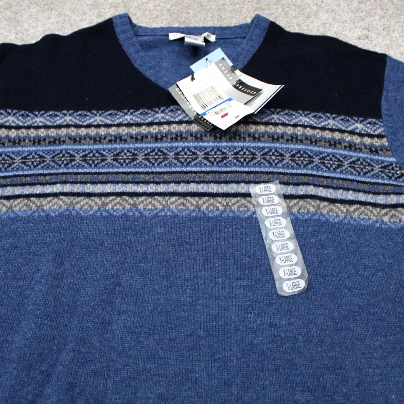 Geoffrey Beene Geoffrey Beene Sweater Mens XL Blue Geometric Lambswool V-Neck Pullover NWT Regular Knit Long Sleeve Geometric Pattern Wool Size US XL / EU 56 / 4 - 4 Thumbnail