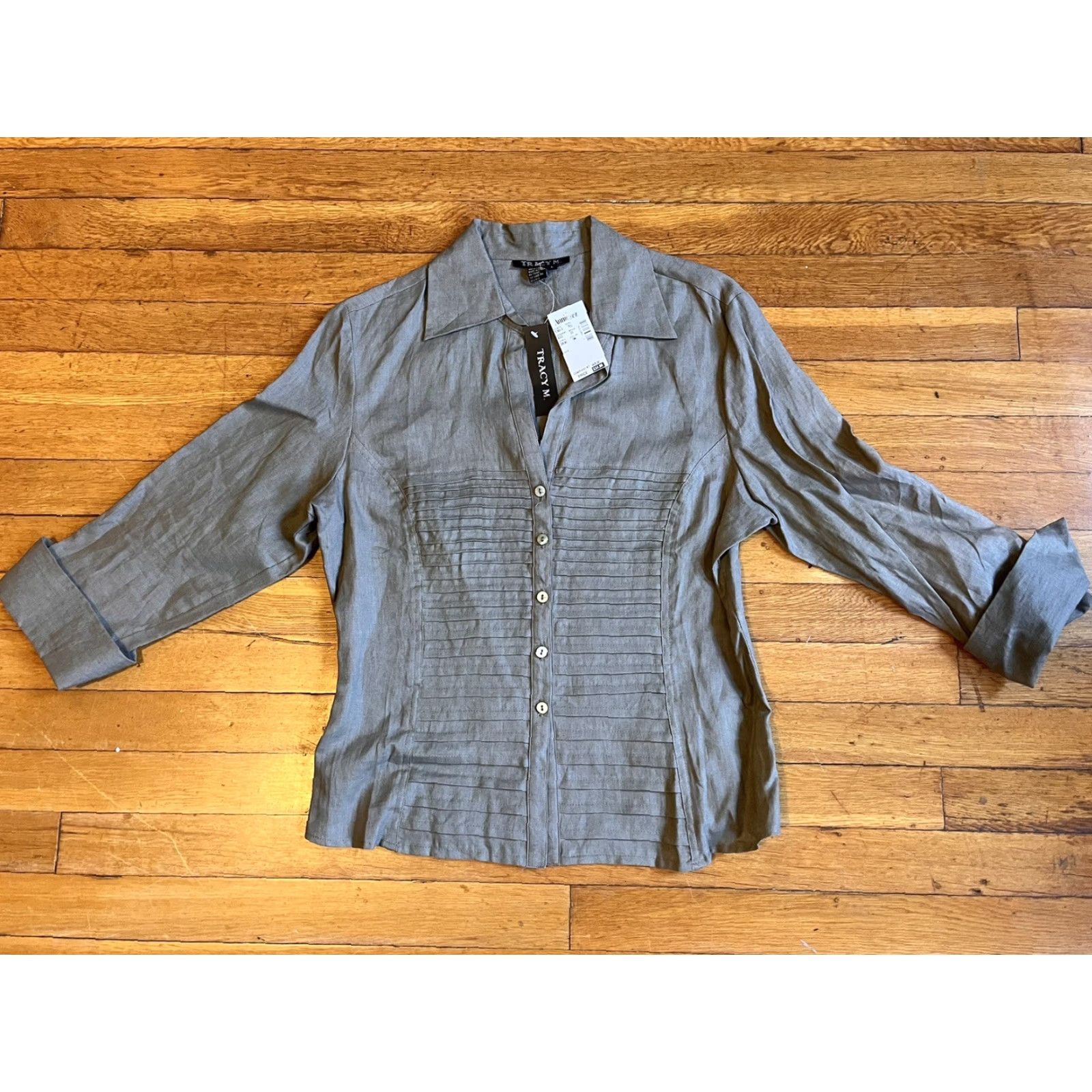Vintage **VINTAGE Tracy M Women's Large Grey Linen Collared Button-Up 90s** User: Vintage Tracy M Women's Large Grey Linen Collared Button-Up 90s Size L / US 10 / IT 46 - 2 Thumbnail