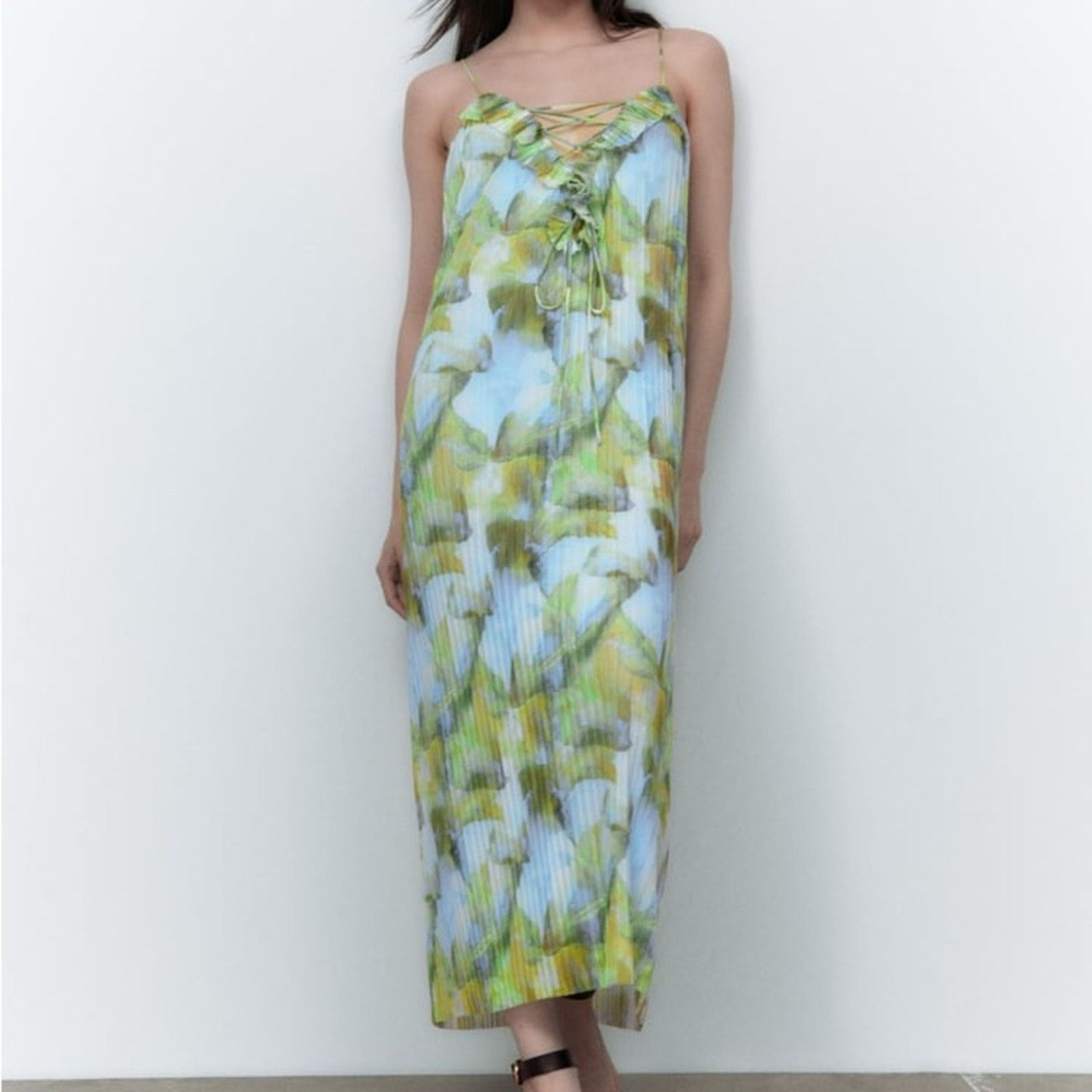 Zara ZARA PRINTED TULLE DRESS BLUE / GREEN Size M / US 6-8 / IT 42-44 - 5 Thumbnail