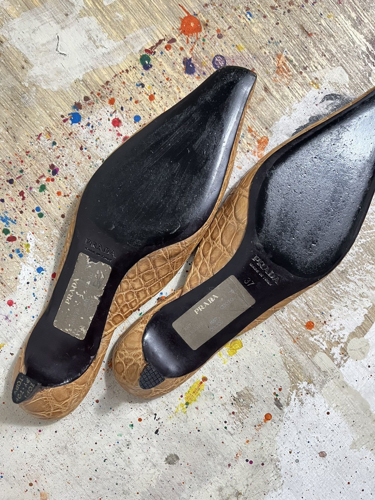 Prada Prada Tan Leather Crocodile Pattern Mules Size US 7 / IT 37 - 9 Thumbnail