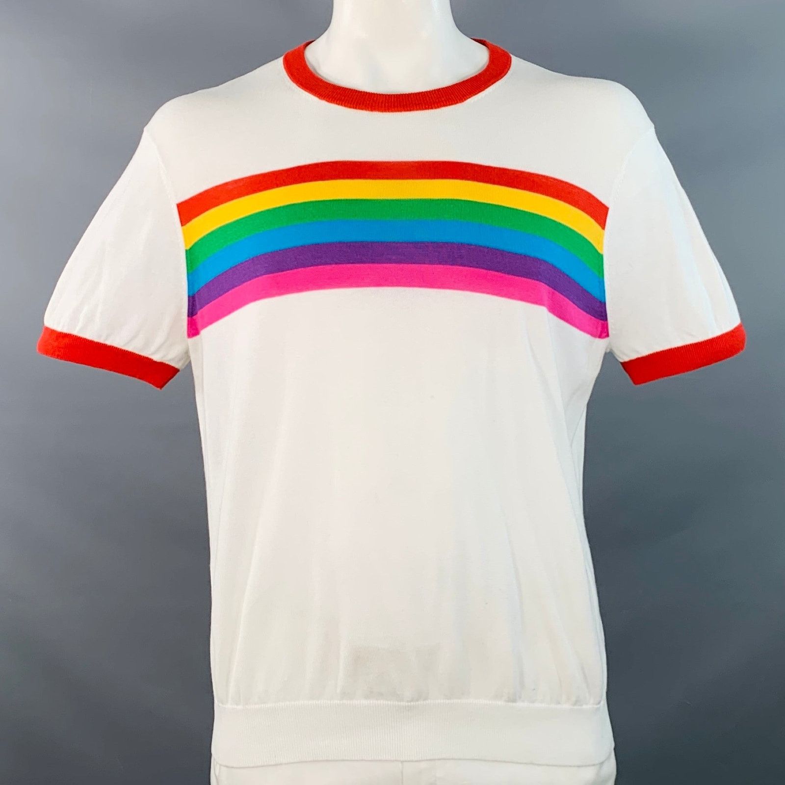 Mr Turk XL White Multi Color Rainbow Cotton Knit Ringer T-shirt Size US XL / EU 56 / 4 - 1 Thumbnail