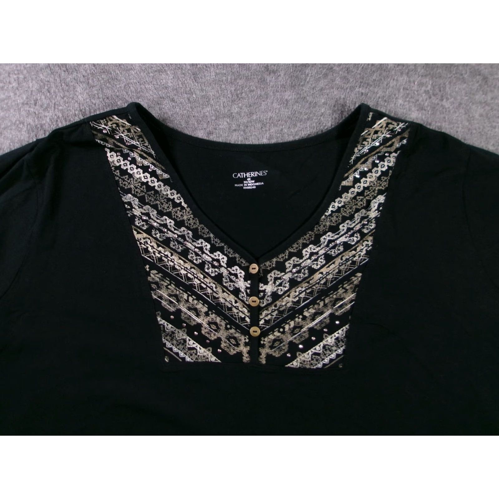Vintage Catherines Top Womens 4X Black V Neck Embellished Button Sequin Stretch Capsule Size XXL / US 16-18 / IT 52-54 - 2 Thumbnail