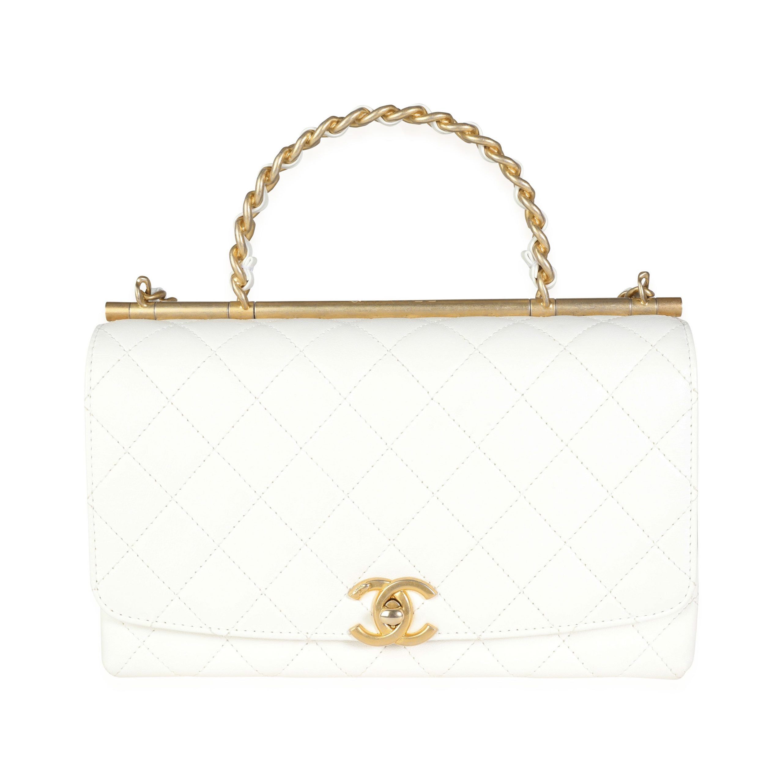 Chanel White Quilted Calfskin Chain Top Handle Flap Bag