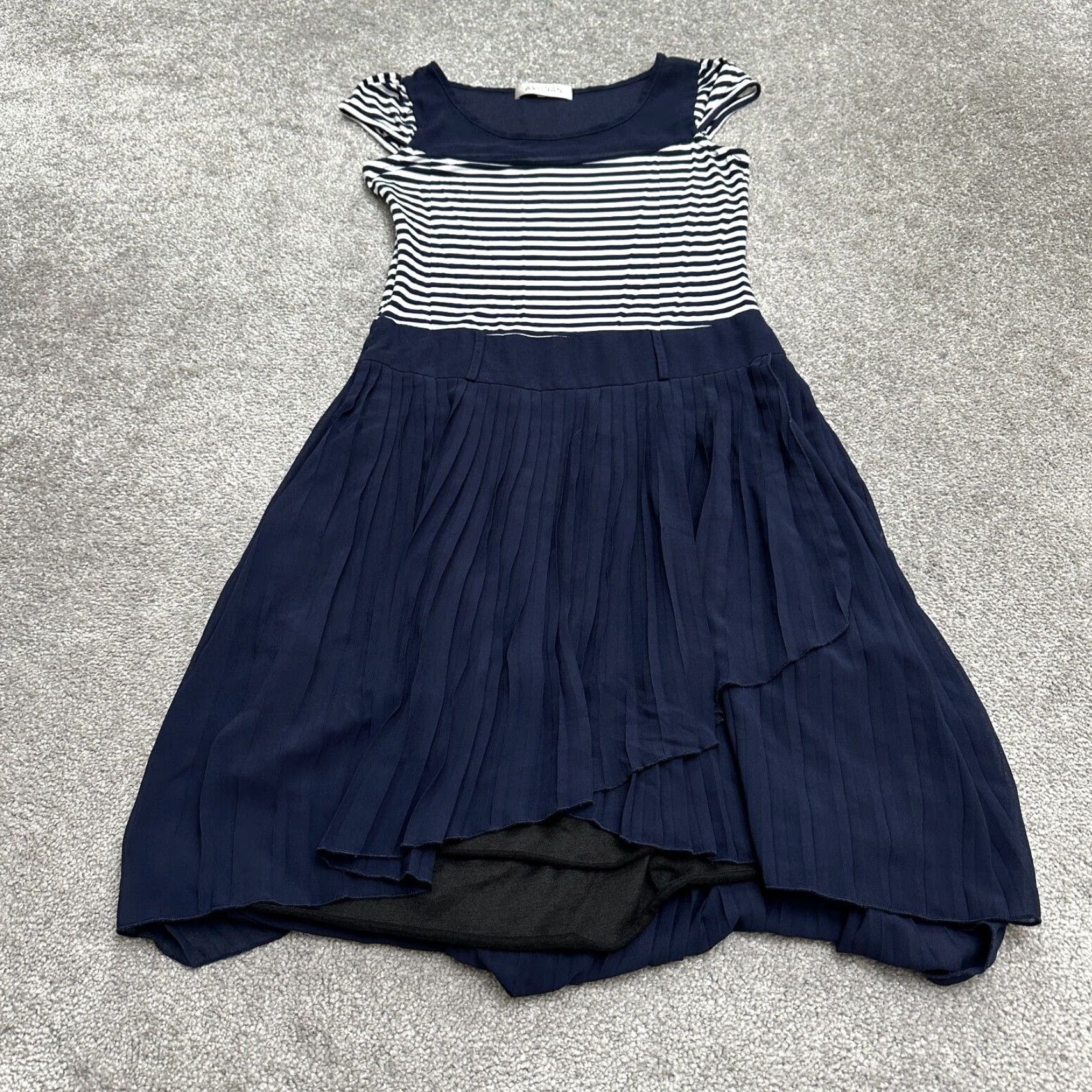 Vintage Avonan Dress Womens A-Line Midi Striped Blue White Cap Sleeve Pleated Size L / US 10 / IT 46 - 2 Thumbnail