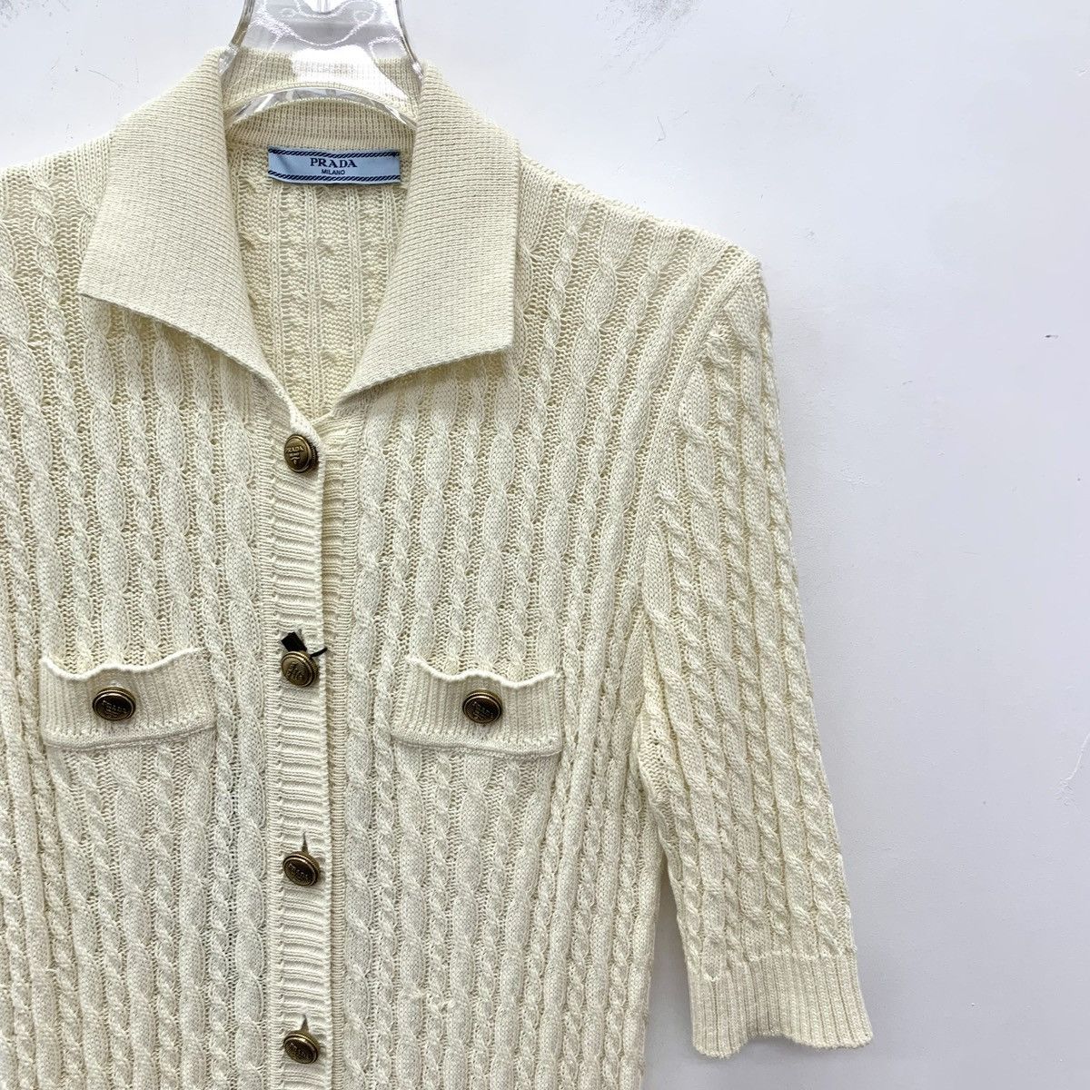 Prada Prada Beige Cable Knit Lapel Short Sleeve Knit Dress K26WX Size S / US 4 / IT 40 - 3 Thumbnail