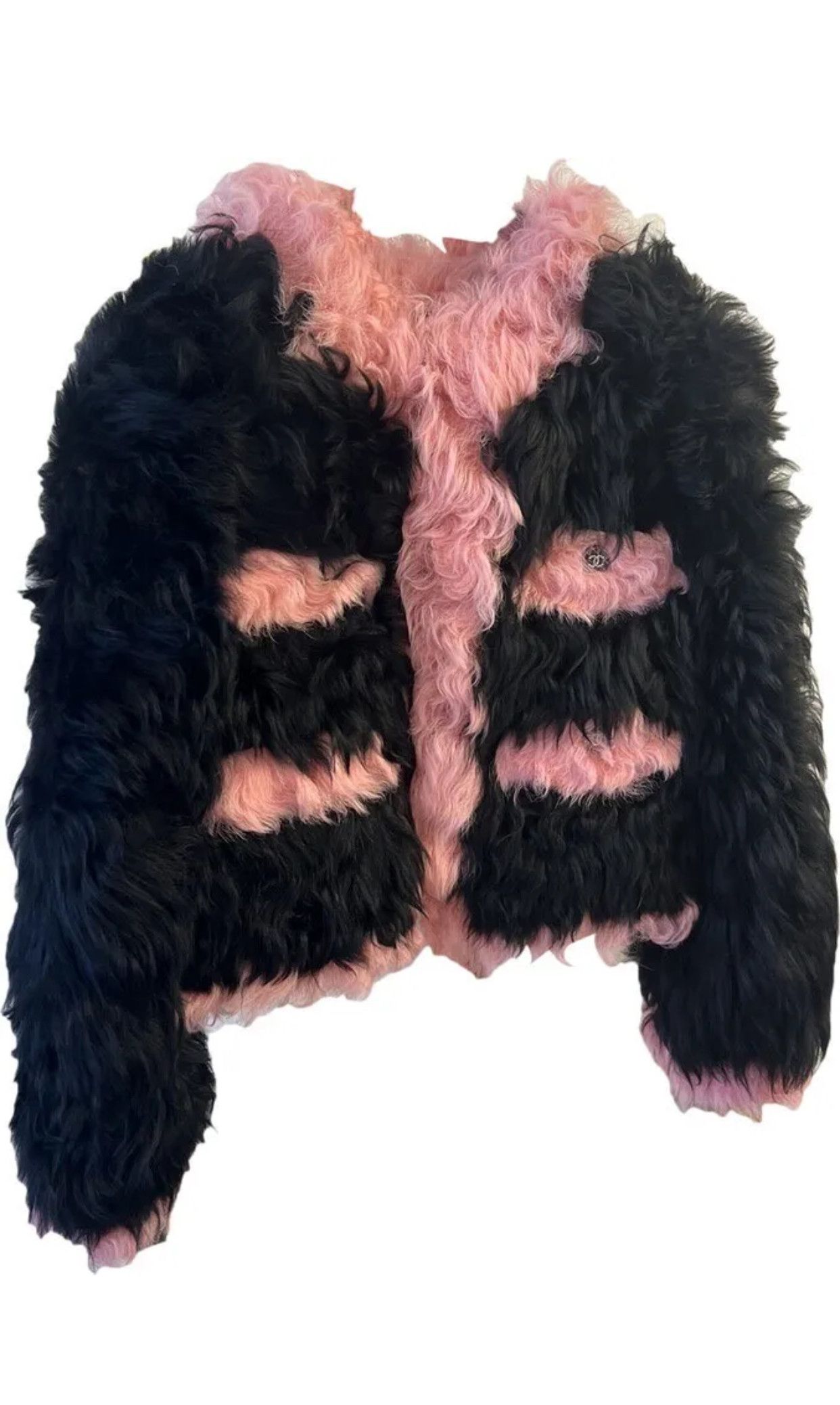 Image of Chanel Shearling Jacket 21K Fall 2021 in Black/Pink, Women's (Size XS)