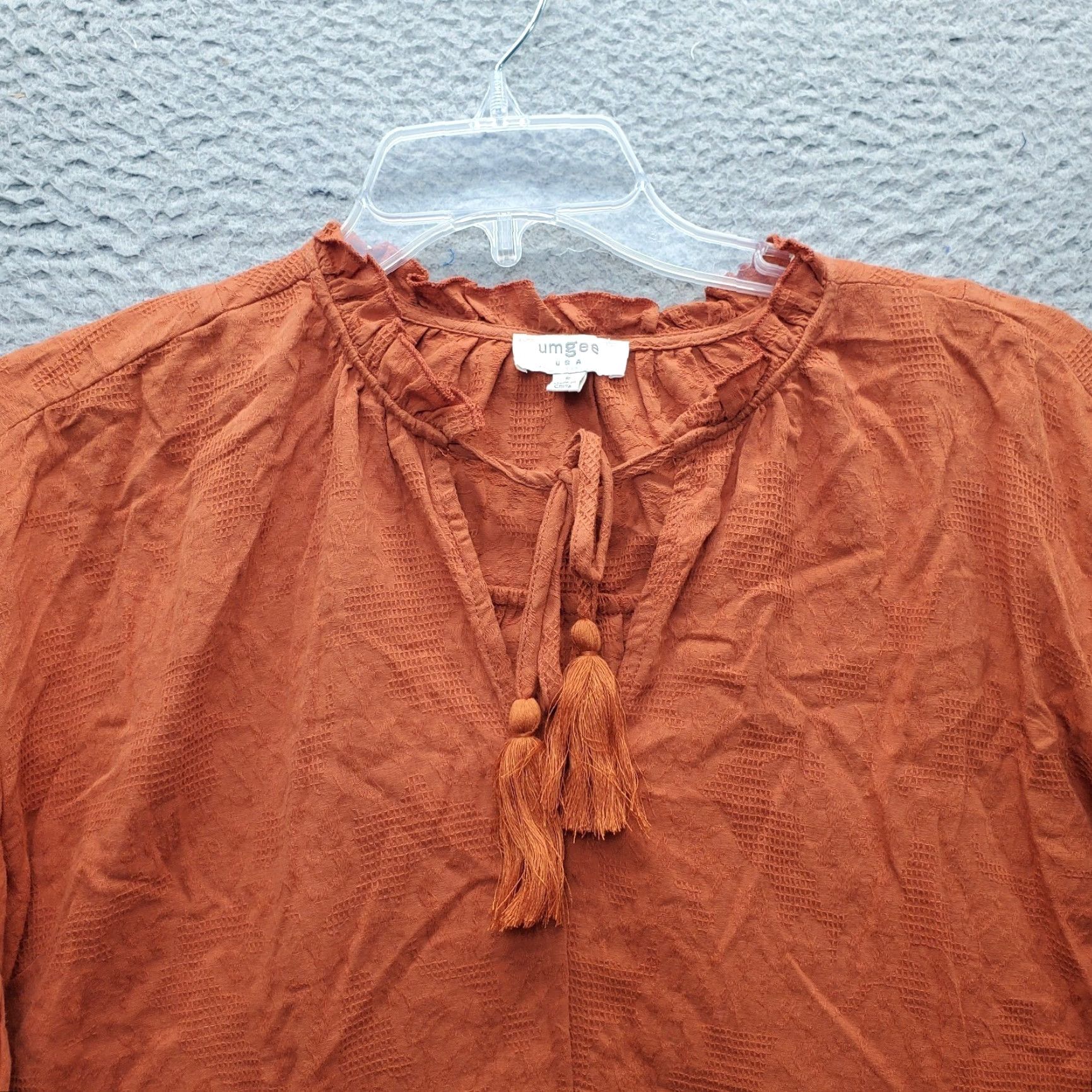 Vintage UMGEE Blouse Top Womens S Orange Ruffle Hem Balloon Sleeve Tie V-Neck Shirt Size S / US 4 / IT 40 - 3 Thumbnail