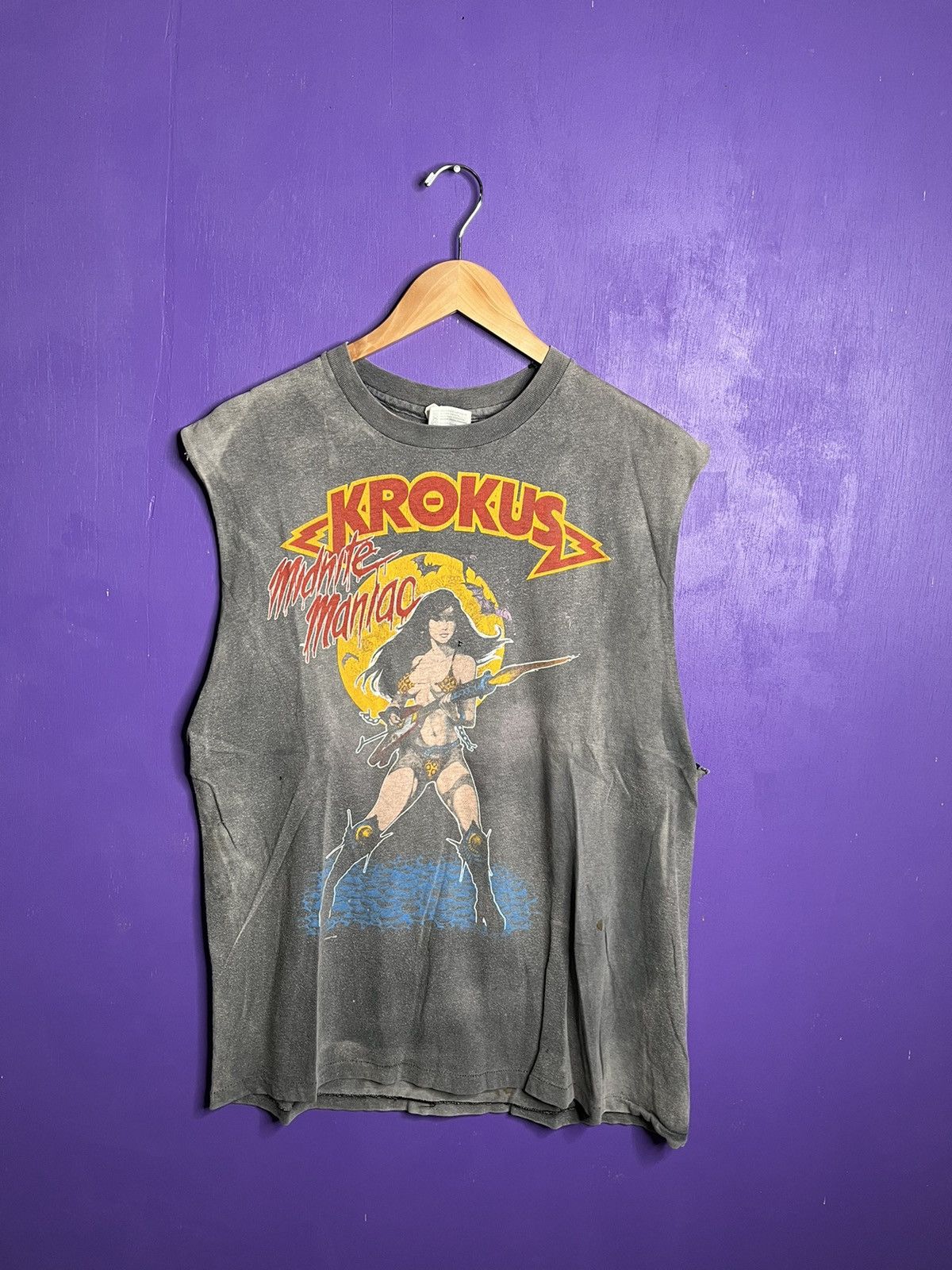 image of Band Tees x Tour Tee Vintage 1984/85 Krokus Midnite Maniac Tour Cutoff in Black, Men's (Size Large)