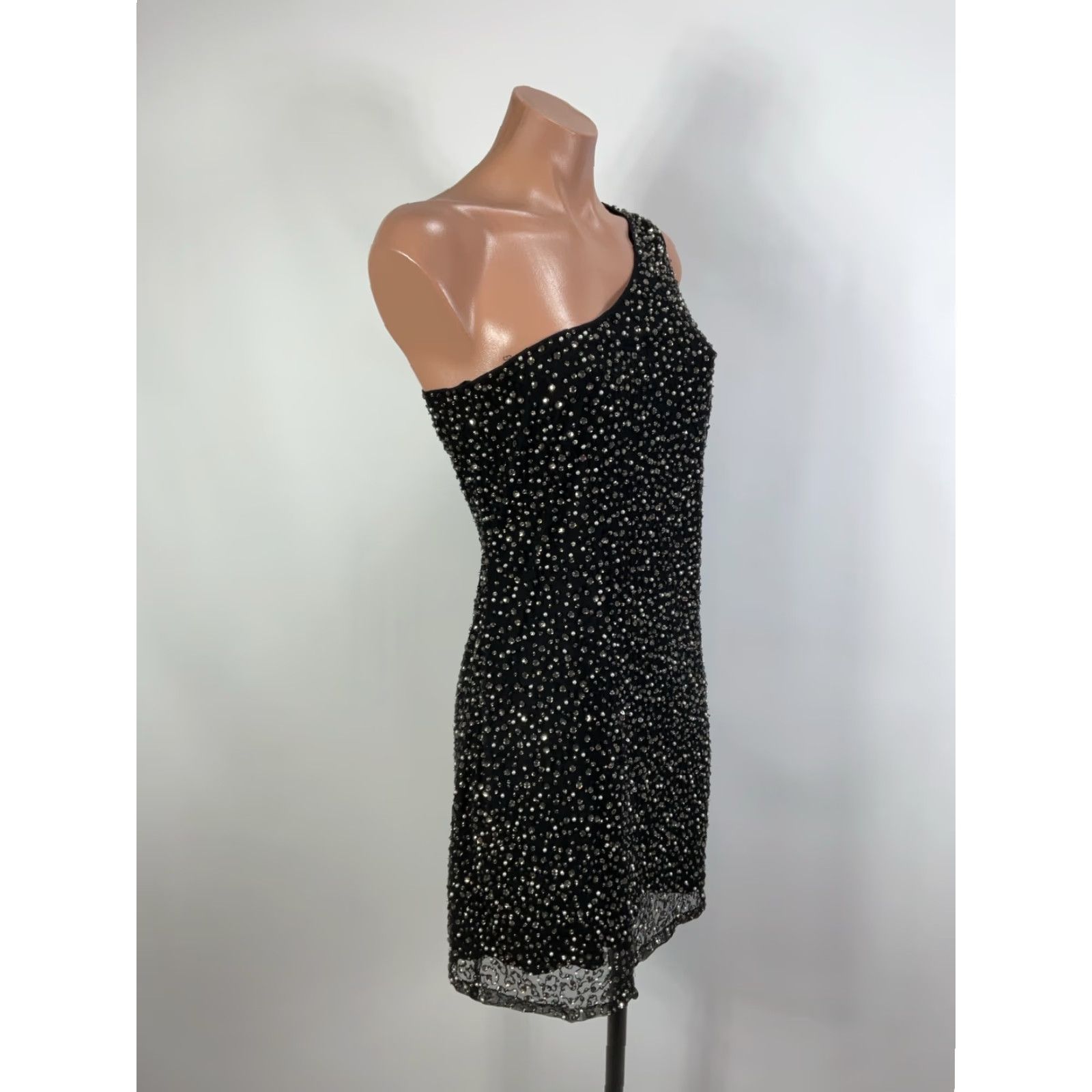 VINTAGE French Connection One Shoulder Beaded Jewels Party Dress sz 4 Black  Dress