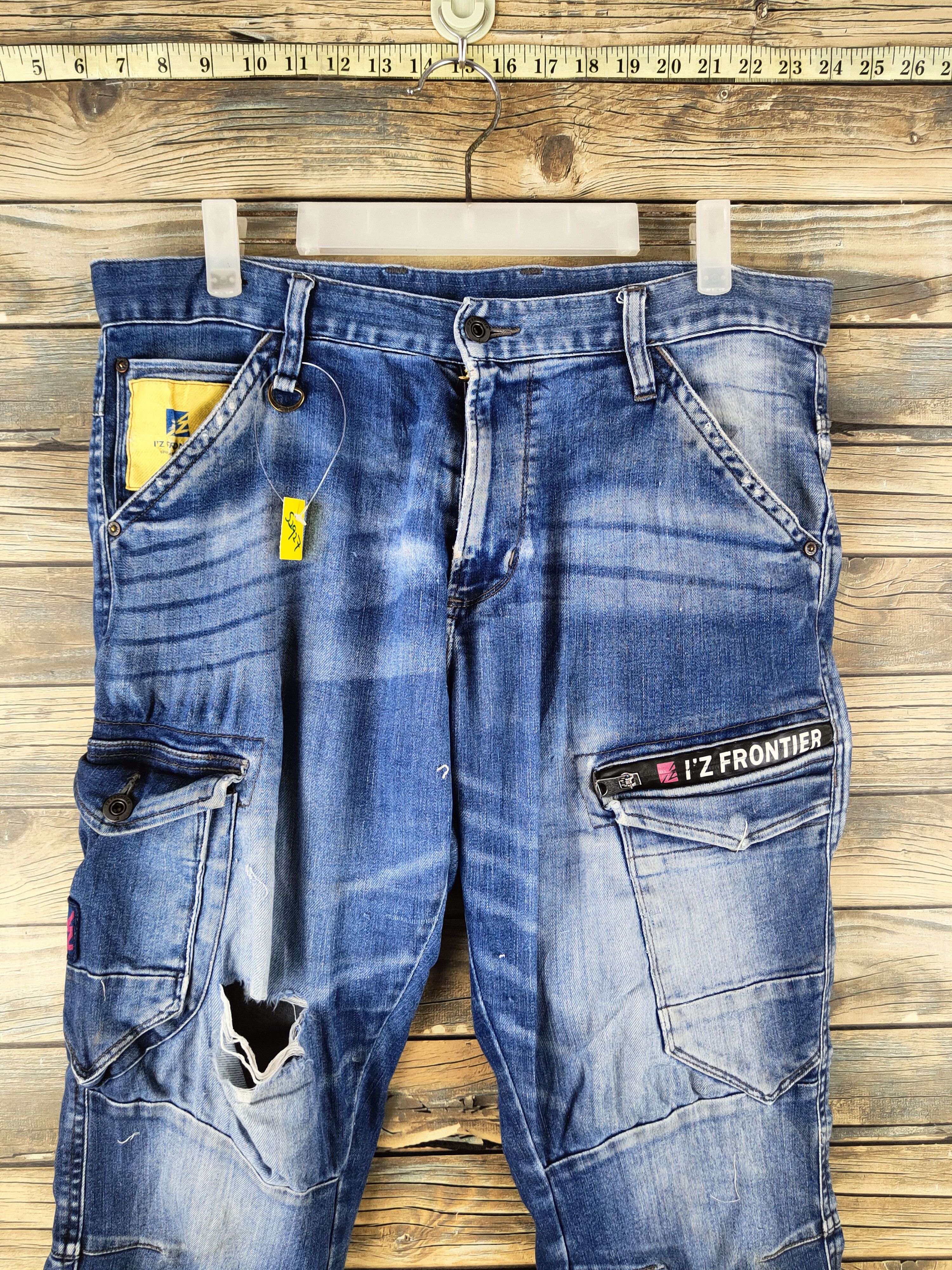 Japanese Brand I'z Frontier Blue Distressed Ripped Jeans #S2927 Size US 35 - 2 Thumbnail