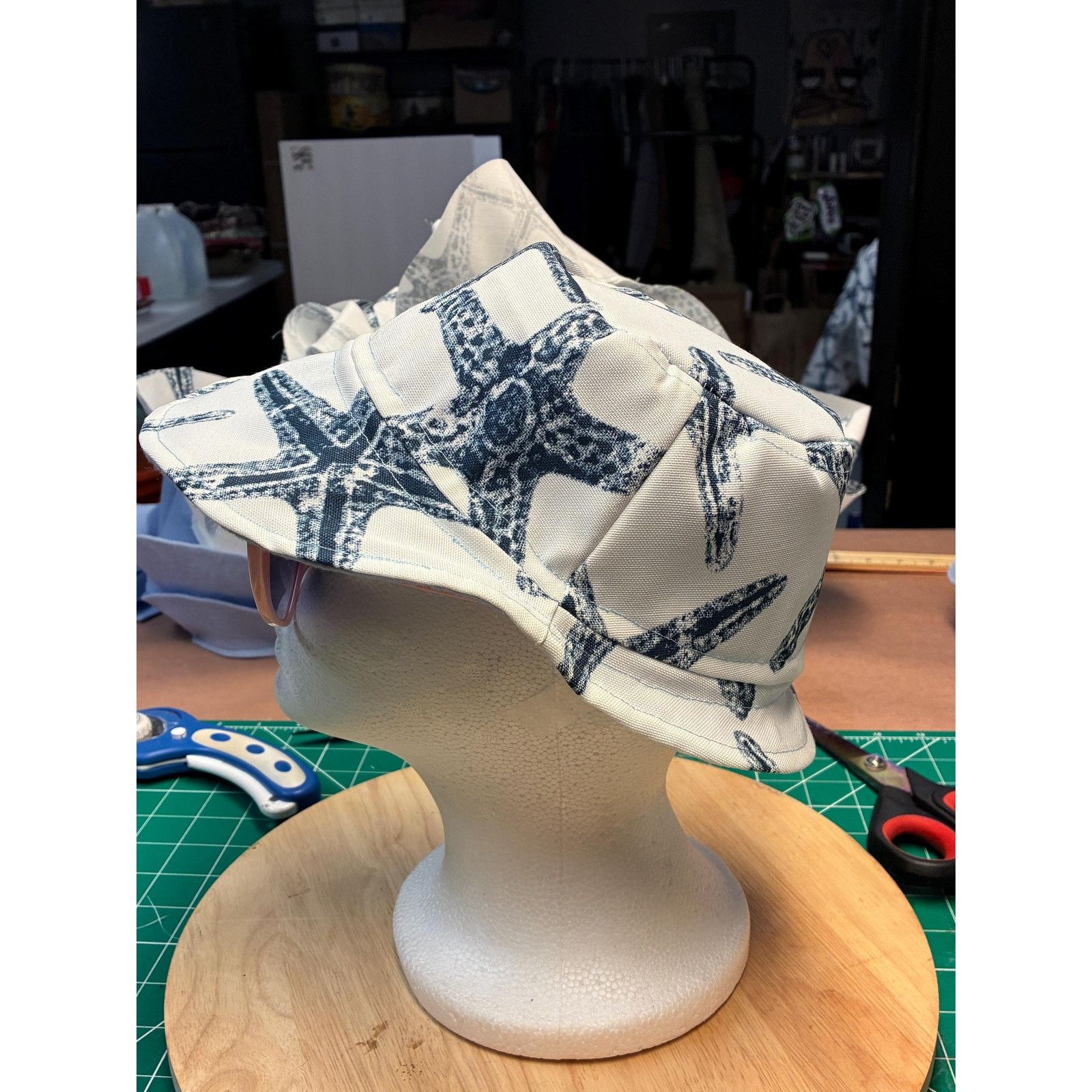 Other Upcycled Bucket Hat — Navy & White Starfish Print, Size ONE SIZE - 1 Thumbnail