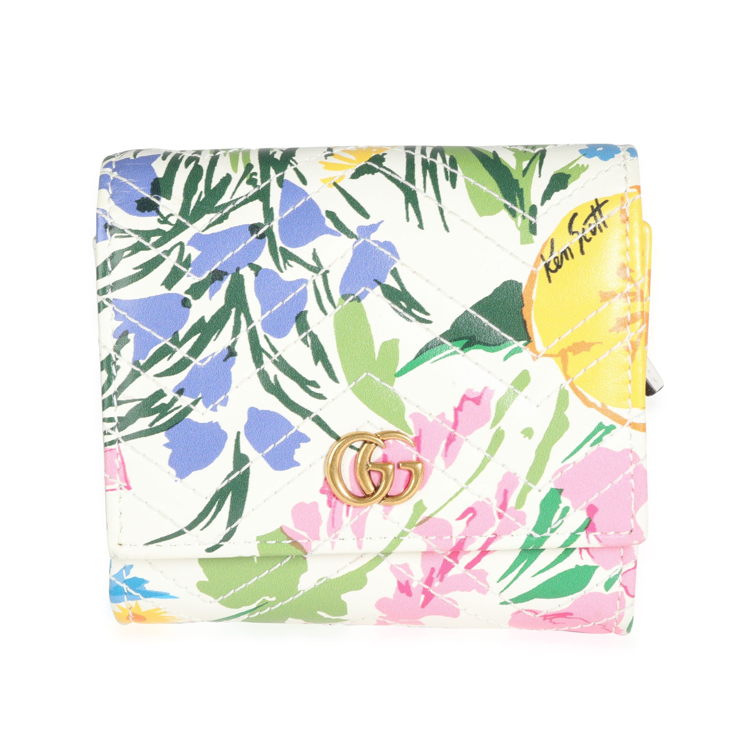 image of Gucci X Ken Scott Limited Edition Floral Print GG Marmont Card Case Wallet in Brown, Women's