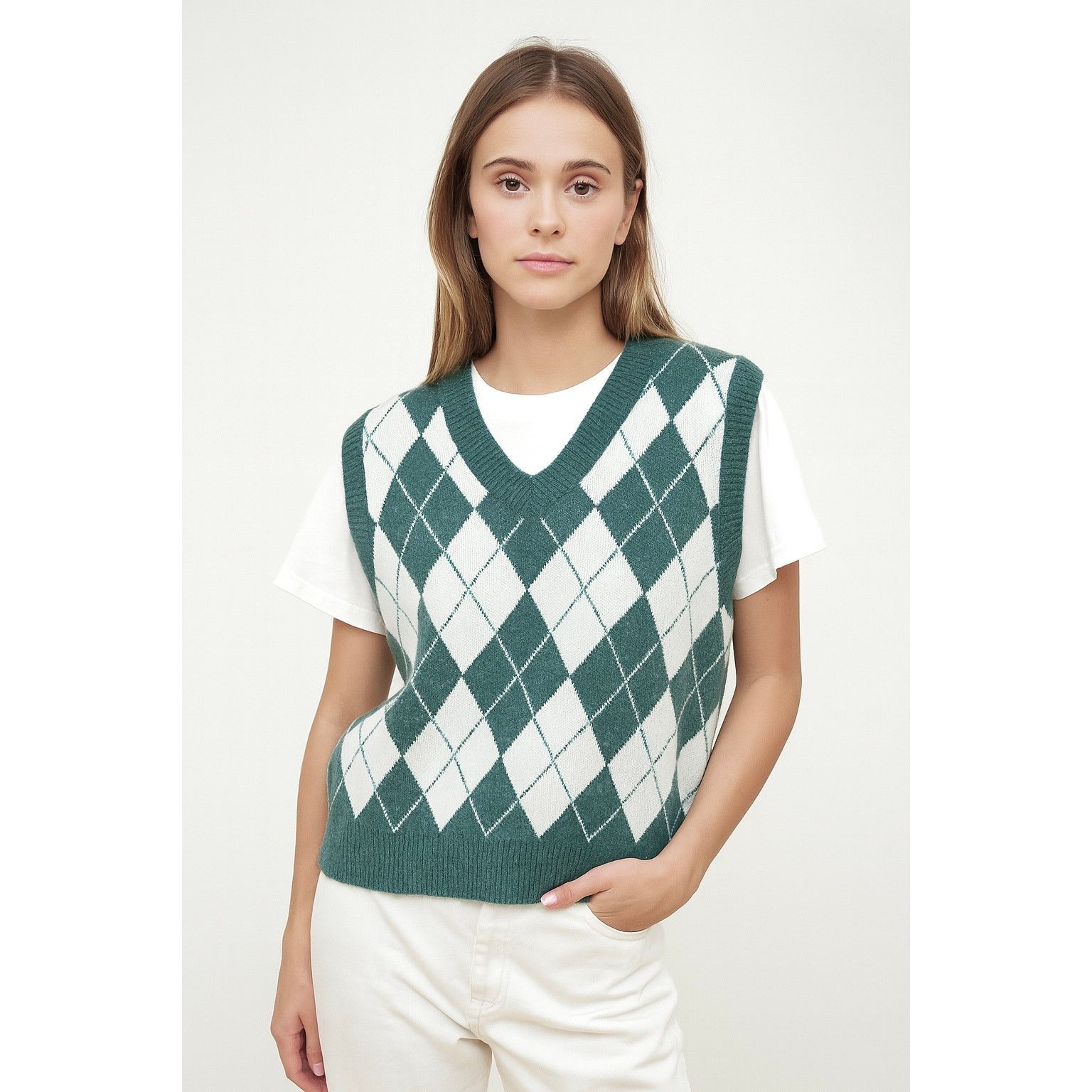 Sugar Sugar Sage Green White Cream Argyle VNeck Sweater Vest Size M / US 6-8 / IT 42-44 - 4 Thumbnail