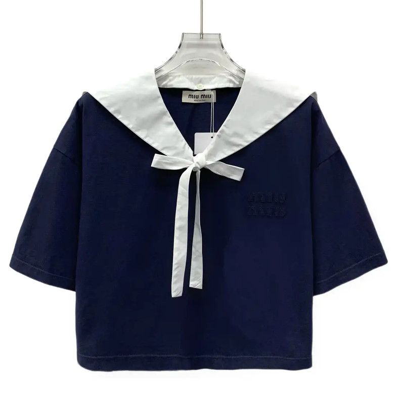Miu Miu Navy Cotton T-Shirt with Collar 0089