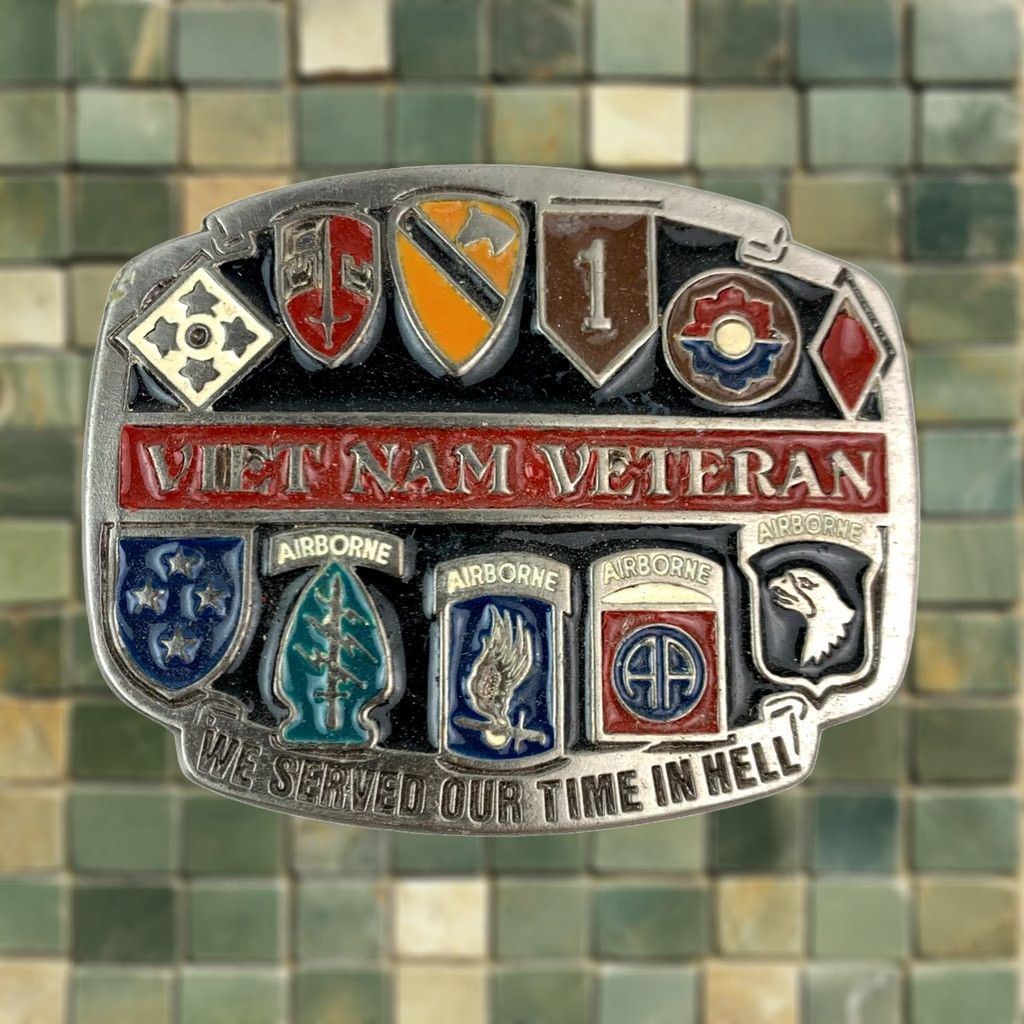 Vintage VINTAGE Vietnam Veteran We Served Our Time In Hell Metal Belt Buckle Belt Buckle Military & Weaponry 1980s Unbranded Adult Unisex Navy 2326 Size ONE SIZE - 1 Thumbnail
