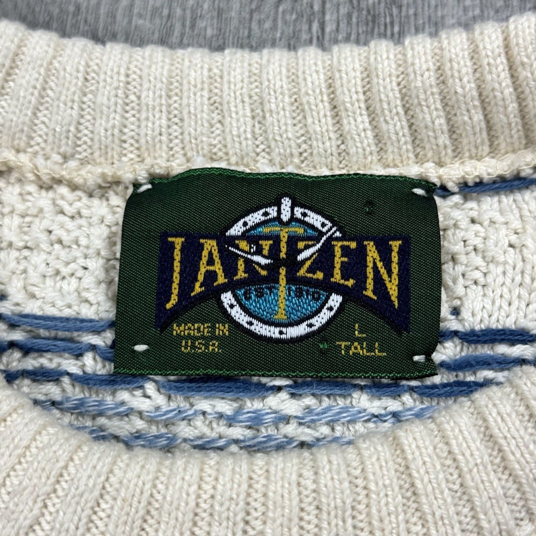 Jantzen VINTAGE JANTZEN DAD SWEATER Crew Neck Cotton Blue & White 80s Big & Tall LT USA Mens Size US L / EU 52-54 / 3 - 3 Thumbnail