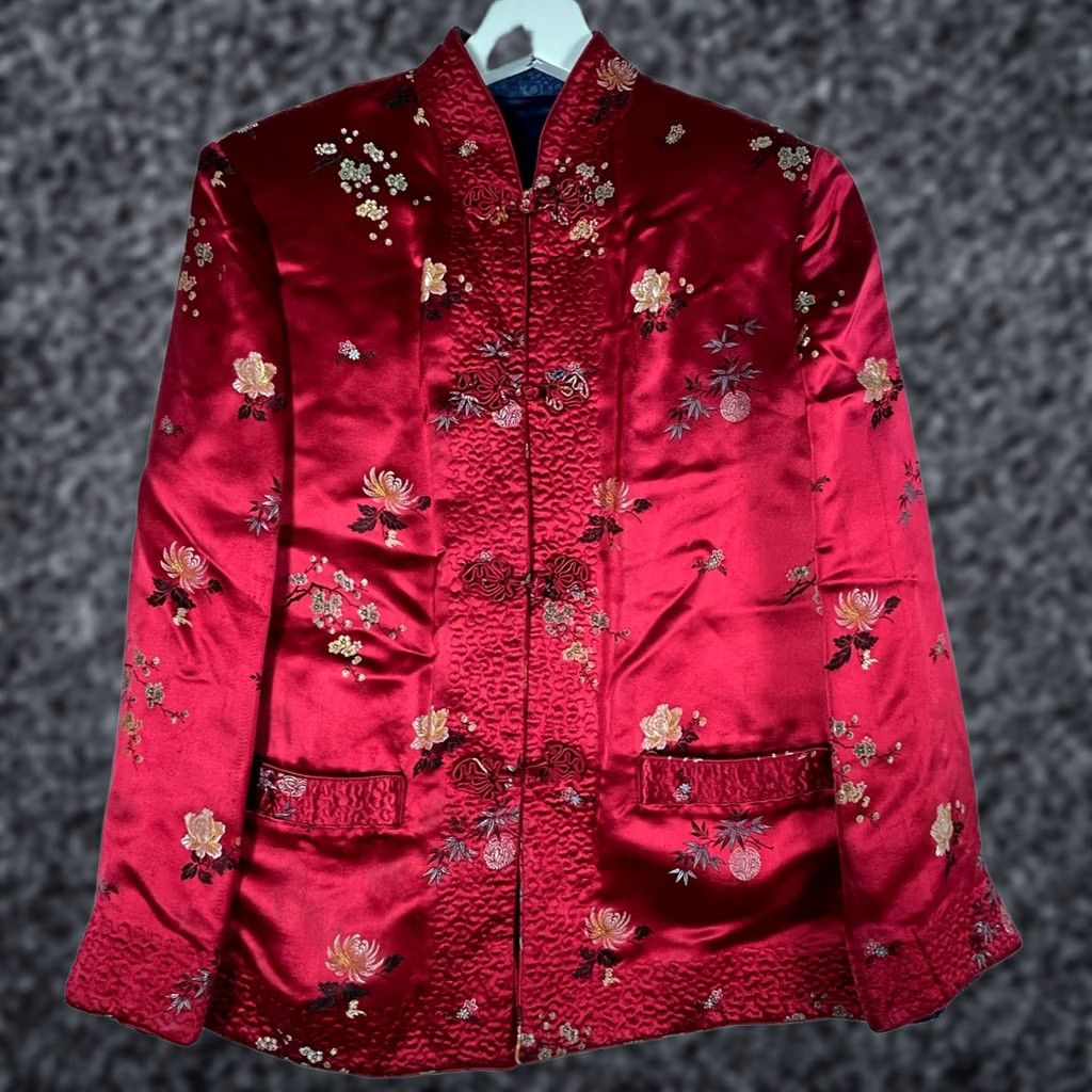 Vintage Peony Brand Women's Reversible Quilted Jacket 34 Jacquard Red Floral Silk Chinese Long Sleeve Jacket Womens Size XXS / US 00 / IT 34 - 1 Thumbnail