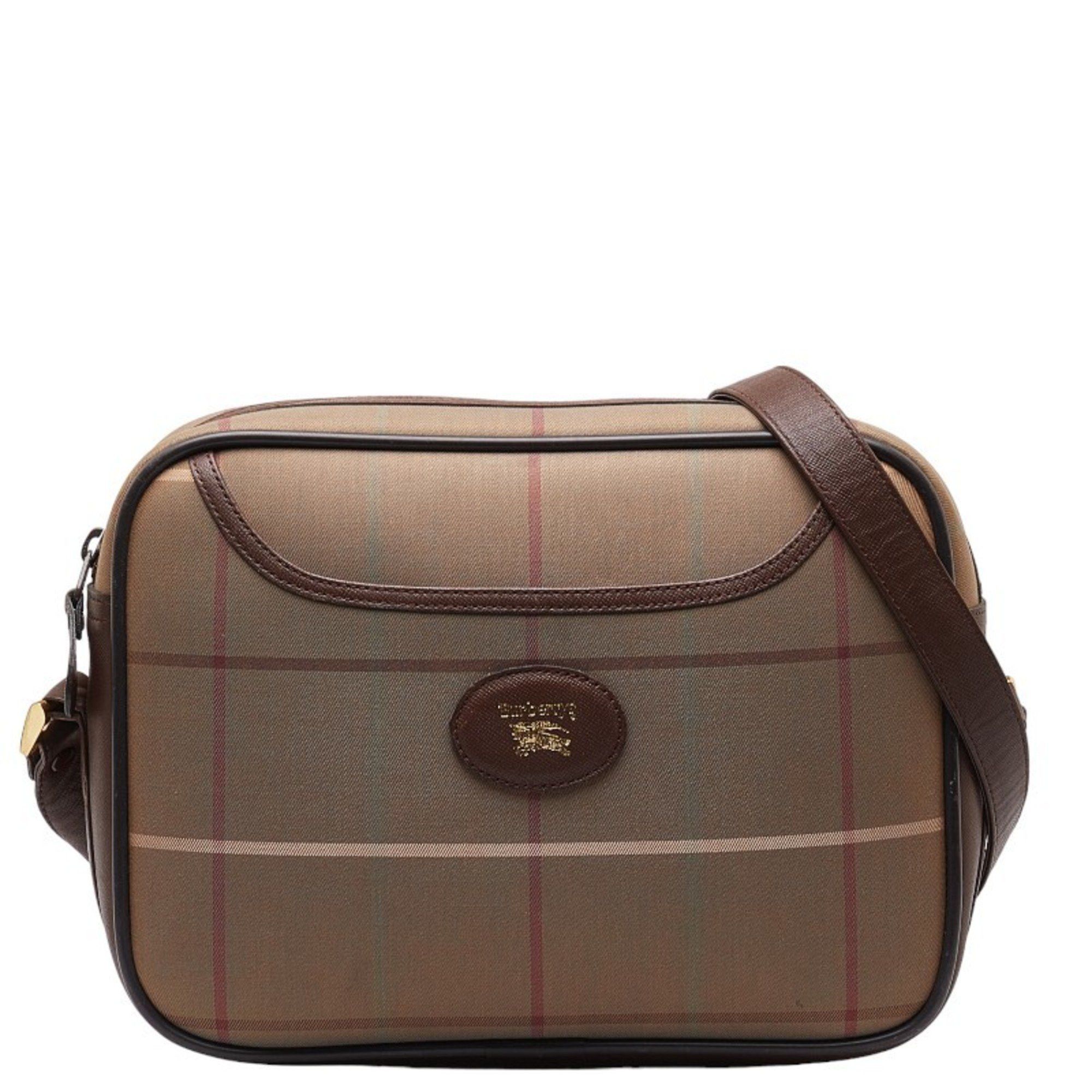 image of Burberry Check Shoulder Bag Khaki Canvas Leather Women's Burberry