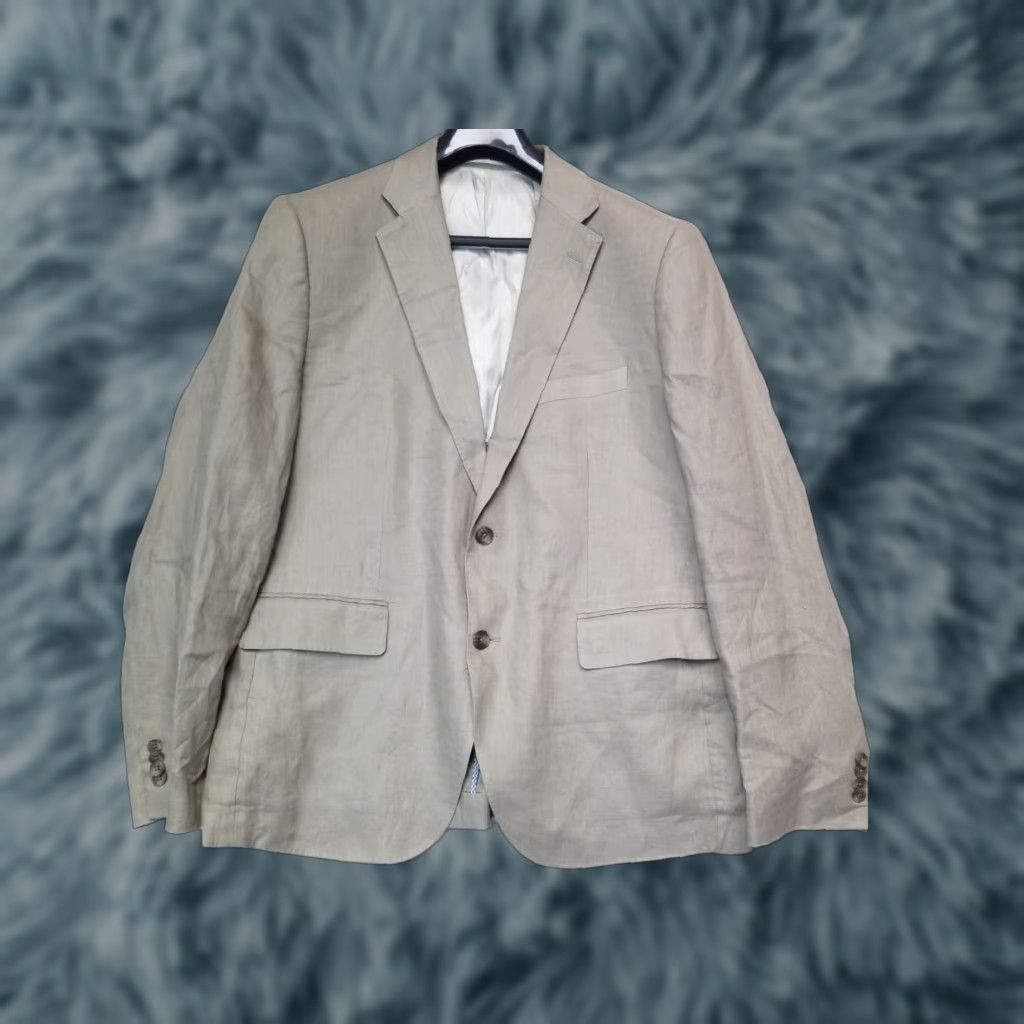 Vintage frank stella Blazer Jacket Linen 44R Beige Men Navy Nautical Resort Coastal 2 Button 4 Button Blazer Size 44R - 1 Thumbnail