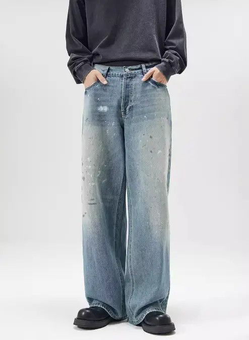 Japanese Brand Riho Ink splash trend loose straight ice blue jeans for men Size US 32 / EU 48 - 1 Thumbnail