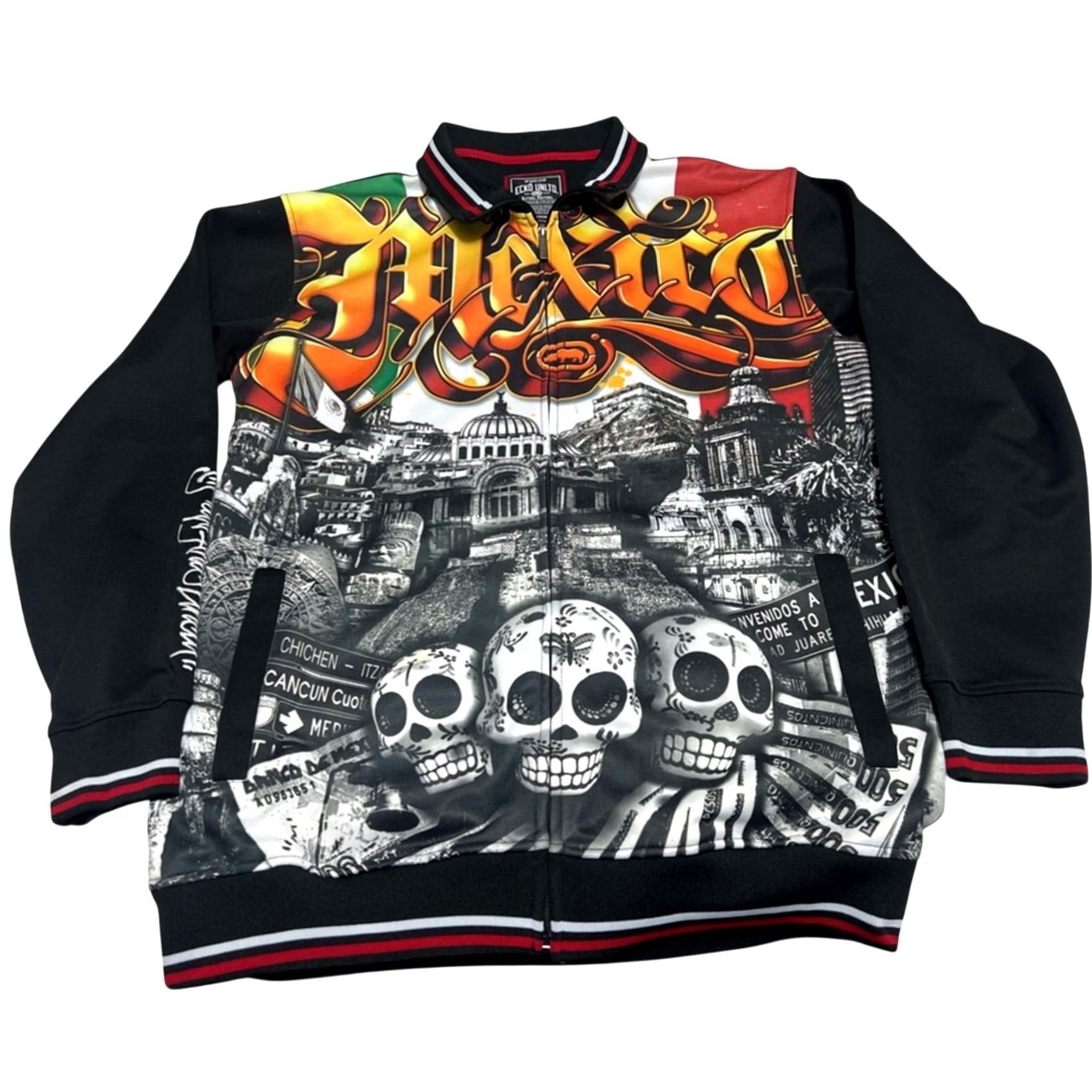 Ecko Unltd. ECKO UNLTD Jacket Mens LARGE Bomber Zip Up Day Of The Dead Skulls Black - Rare Size US L / EU 52-54 / 3 - 2 Thumbnail