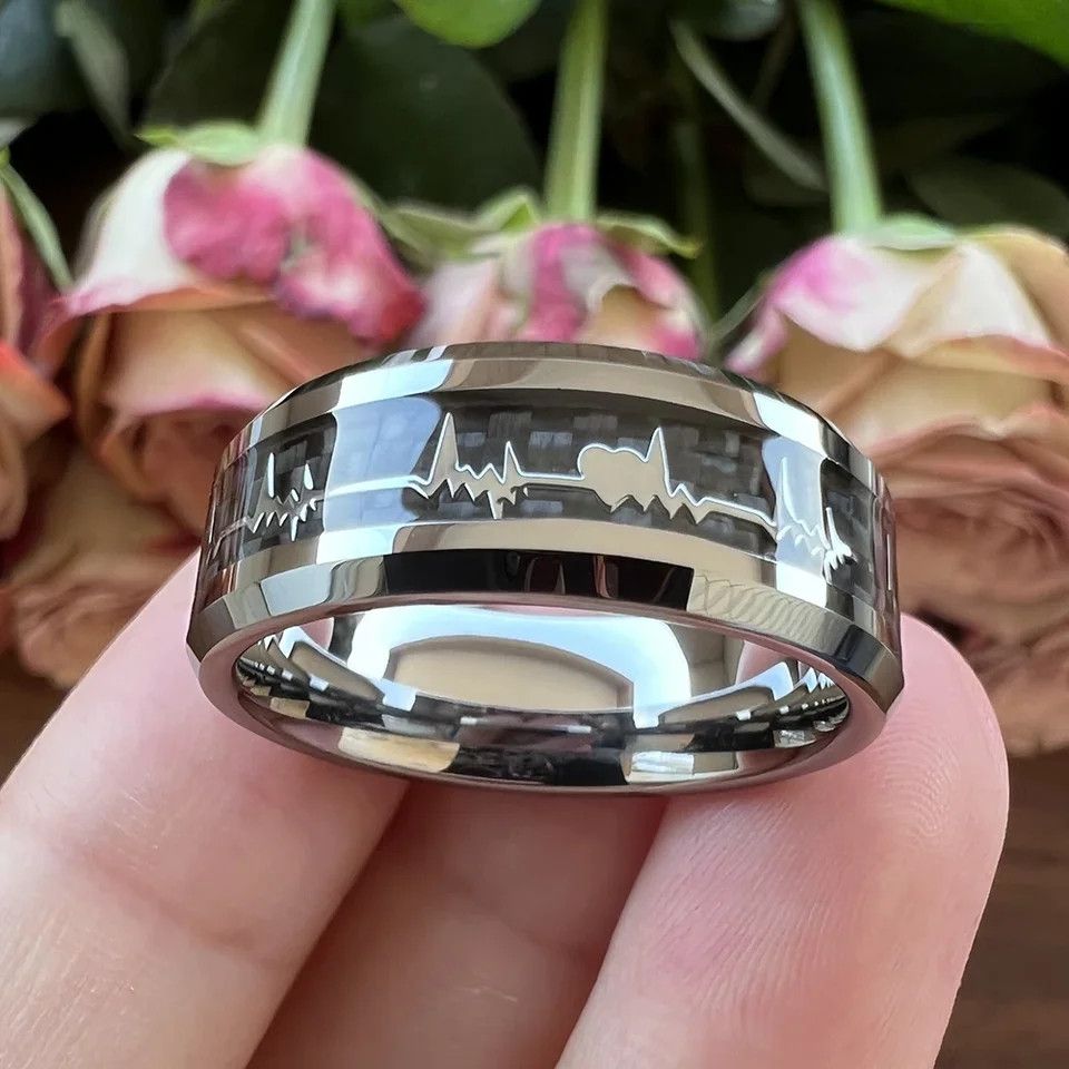 Japanese Brand × Jewelry 8mm Black Carbon Fiber Heart Inlay Ring Size ONE SIZE - 1 Thumbnail