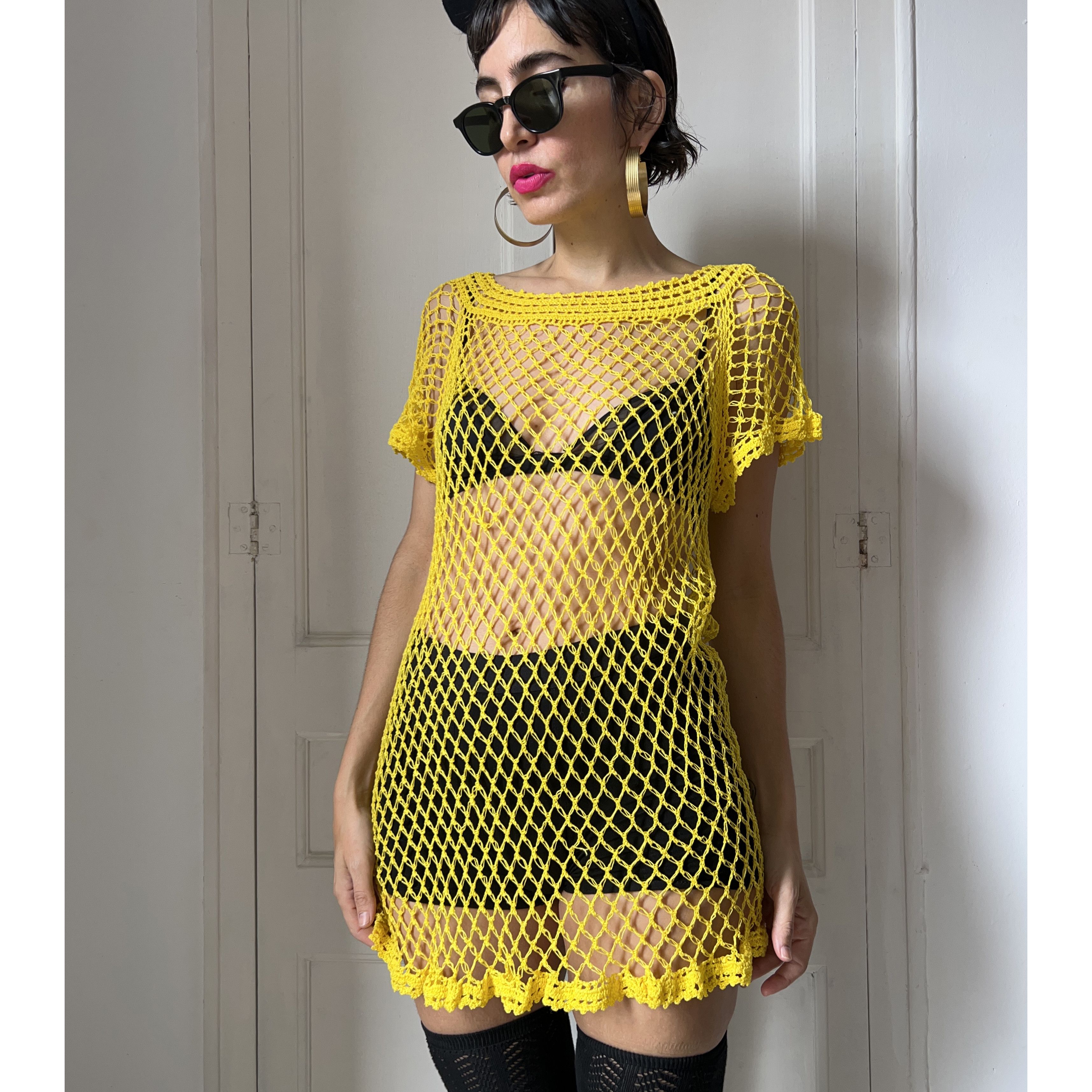 Vintage Vintage Y2K Does 70s Yellow Crochet Beach Cover Up Size S / US 4 / IT 40 - 3 Thumbnail