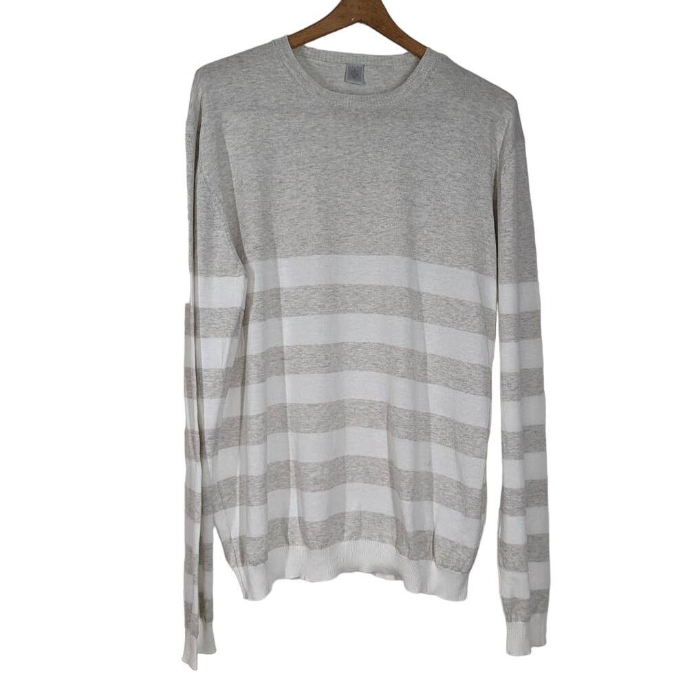 image of Eleventy Gray White Stripe Crewneck Pullover Sweater Cotton in Grey, Men's (Size 2XL)