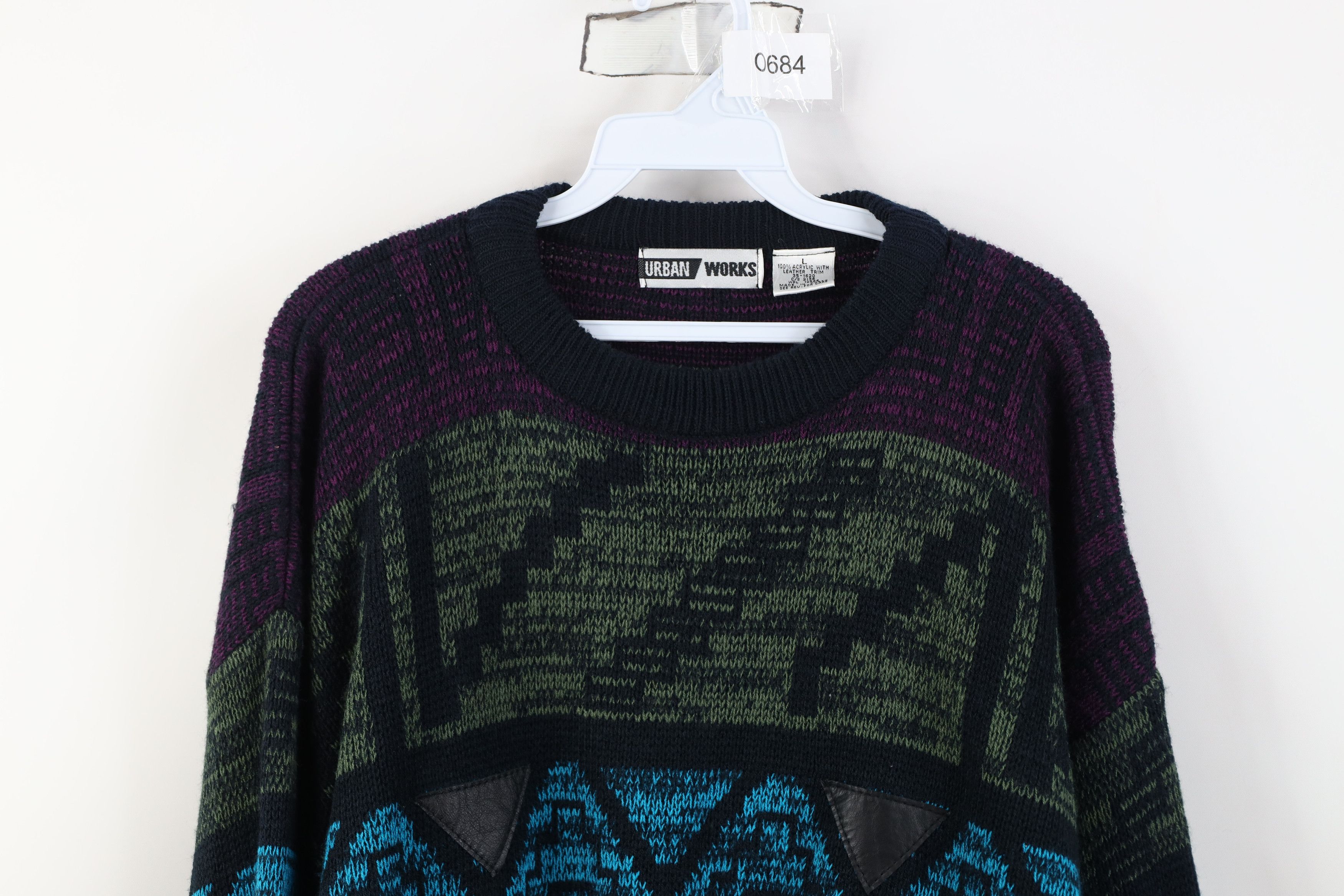 Vintage Vintage 90s Streetwear Leather Trim Geometric Knit Sweater Size US L / EU 52-54 / 3 - 2 Thumbnail