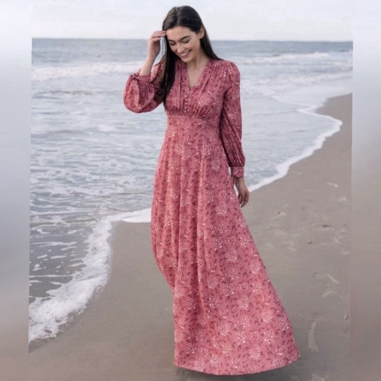 Vintage Gal Meets Glam Maxi Dress Long Sleeve Floral Florence Pink 00 Women V-Neck Zip Polyester Party/Cocktail Spring Summer Size XXS / US 00 / IT 34 - 2 Thumbnail