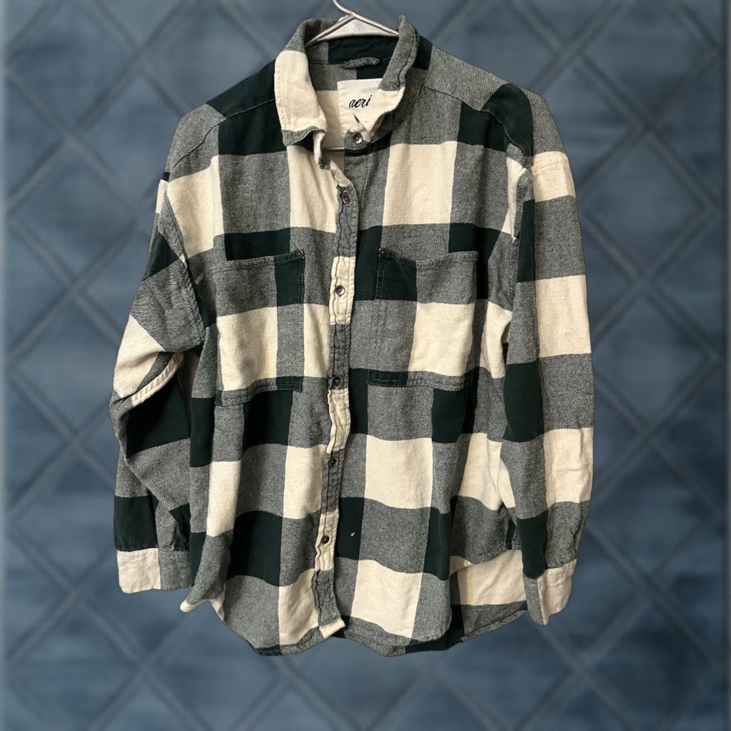 Vintage Aerie Women Shirt Small Green Gray Tint Buffalo Check Plaid Flannel Thick Casual Size S / US 4 / IT 40 - 1 Thumbnail