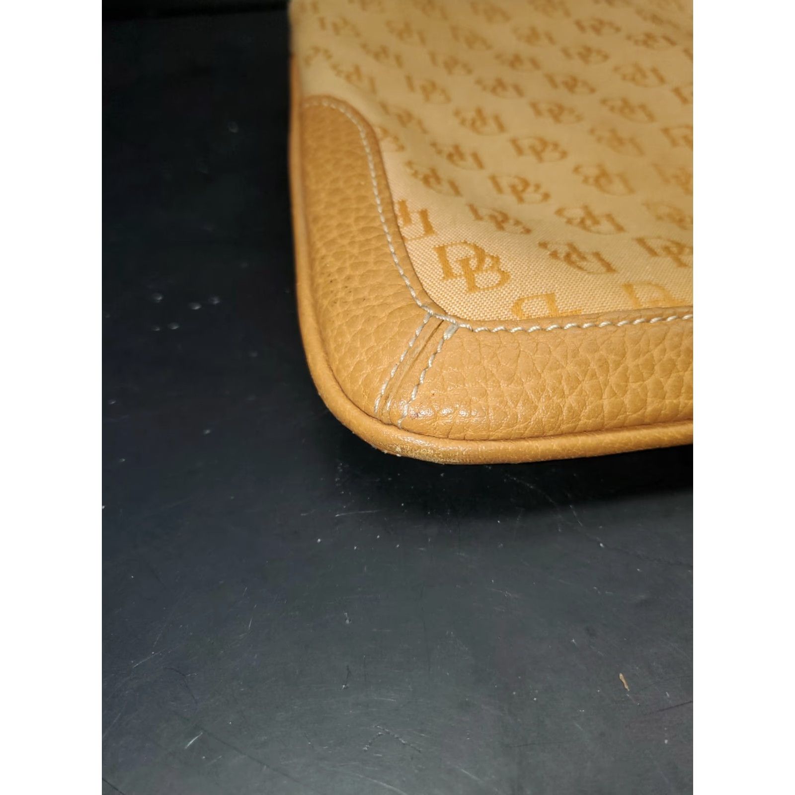 Dooney & Bourke VINTAGE Dooney & Bourke Monogram Small Shoulder Bag Clutch Canvas Leather Trim Beige Crossbody Strap Womens Bag Size ONE SIZE - 6 Thumbnail
