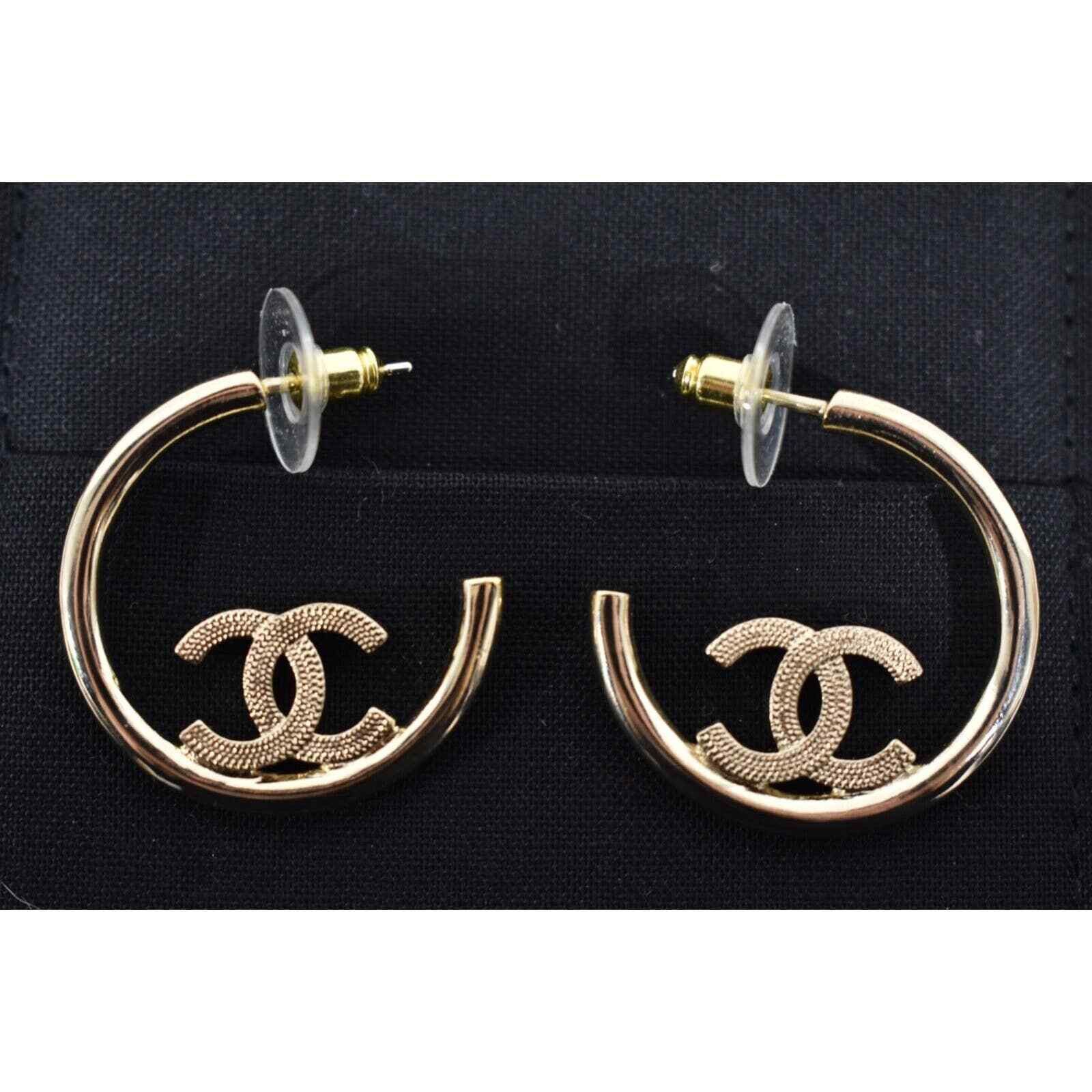 Chanel 22P Gold Metal Logo Dangle Drop Hoop Earrings