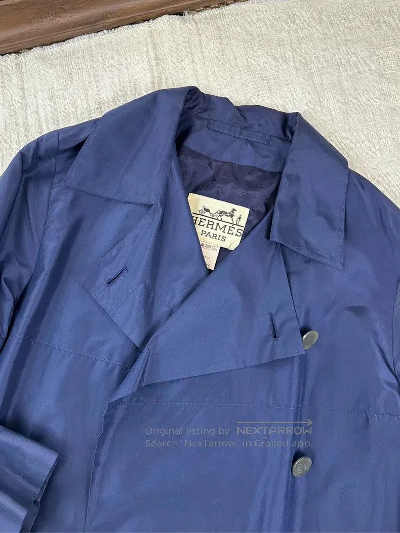 Hermes Hermes Vintage Silk Tie Belt Long Coat Jacket - Dark Blue Size S / US 4 / IT 40 - 4 Thumbnail