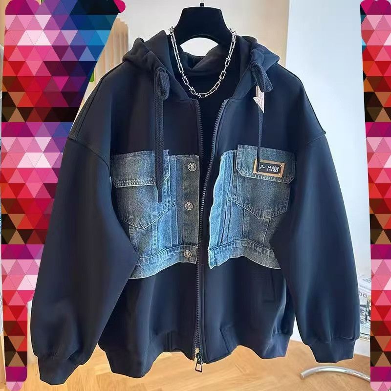 Vintage Oversized Black Hooded Jacket with Denim Patch Pockets Size US M / EU 48-50 / 2 - 1 Thumbnail