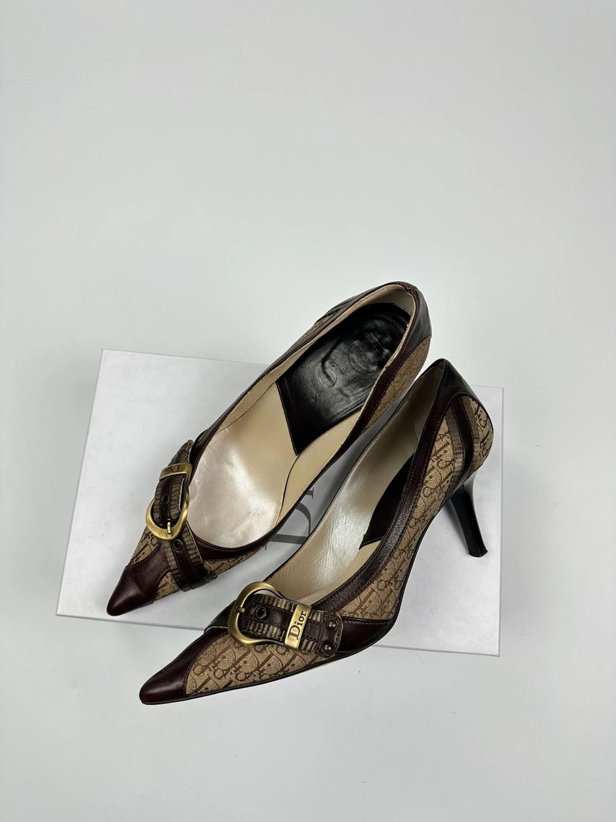 Dior Vintage Dior Monogram Heels Brown Leather with Gold Buckle Size US 7 / IT 37 - 2 Thumbnail
